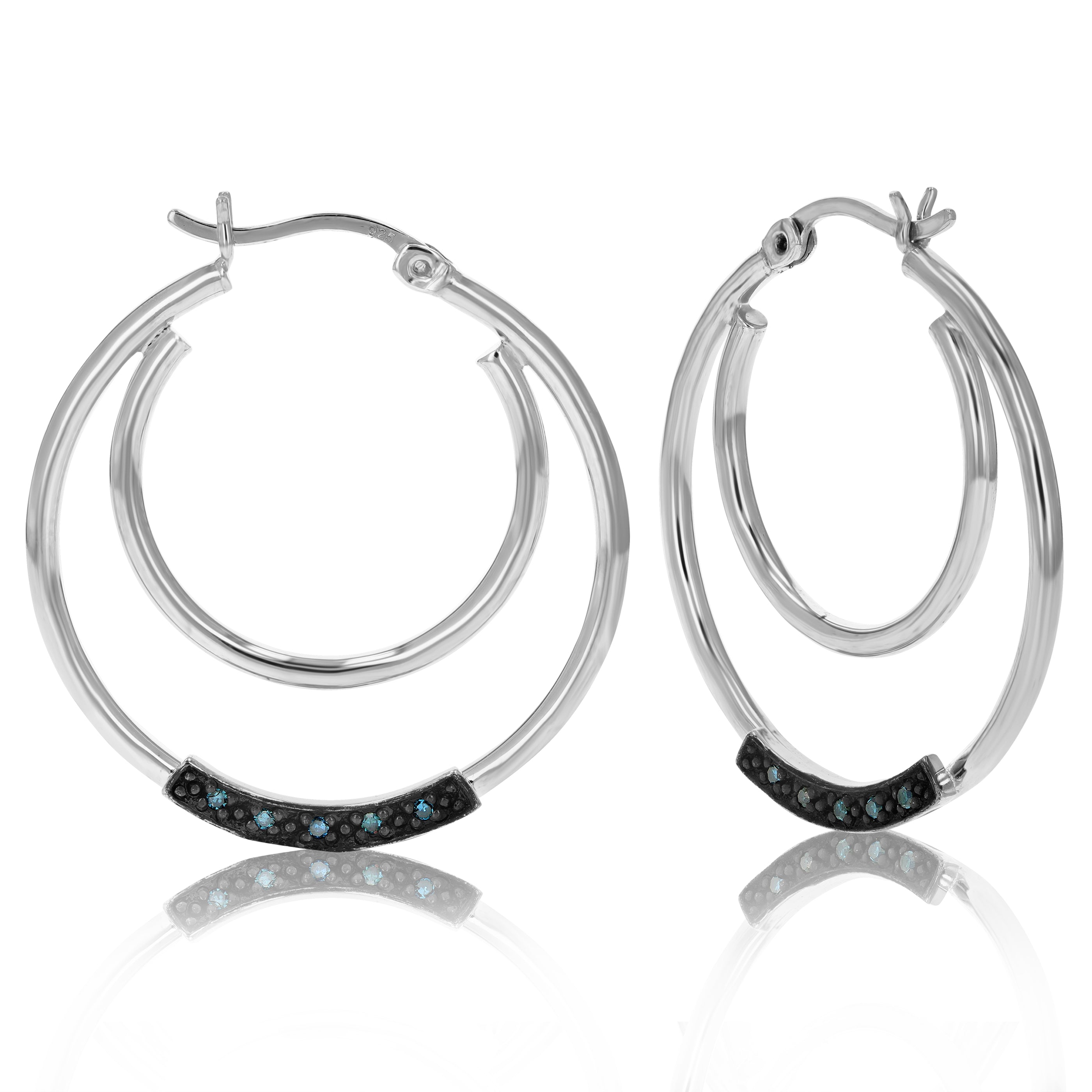 1/20 cttw Blue Diamond Hoop Earrings .925 Sterling Silver with Rhodium Plating