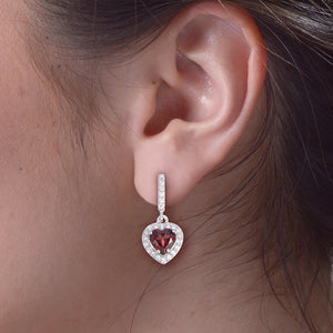 0.95 cttw Garnet Dangle Earrings .925 Sterling Silver With Rhodium 6 MM Heart