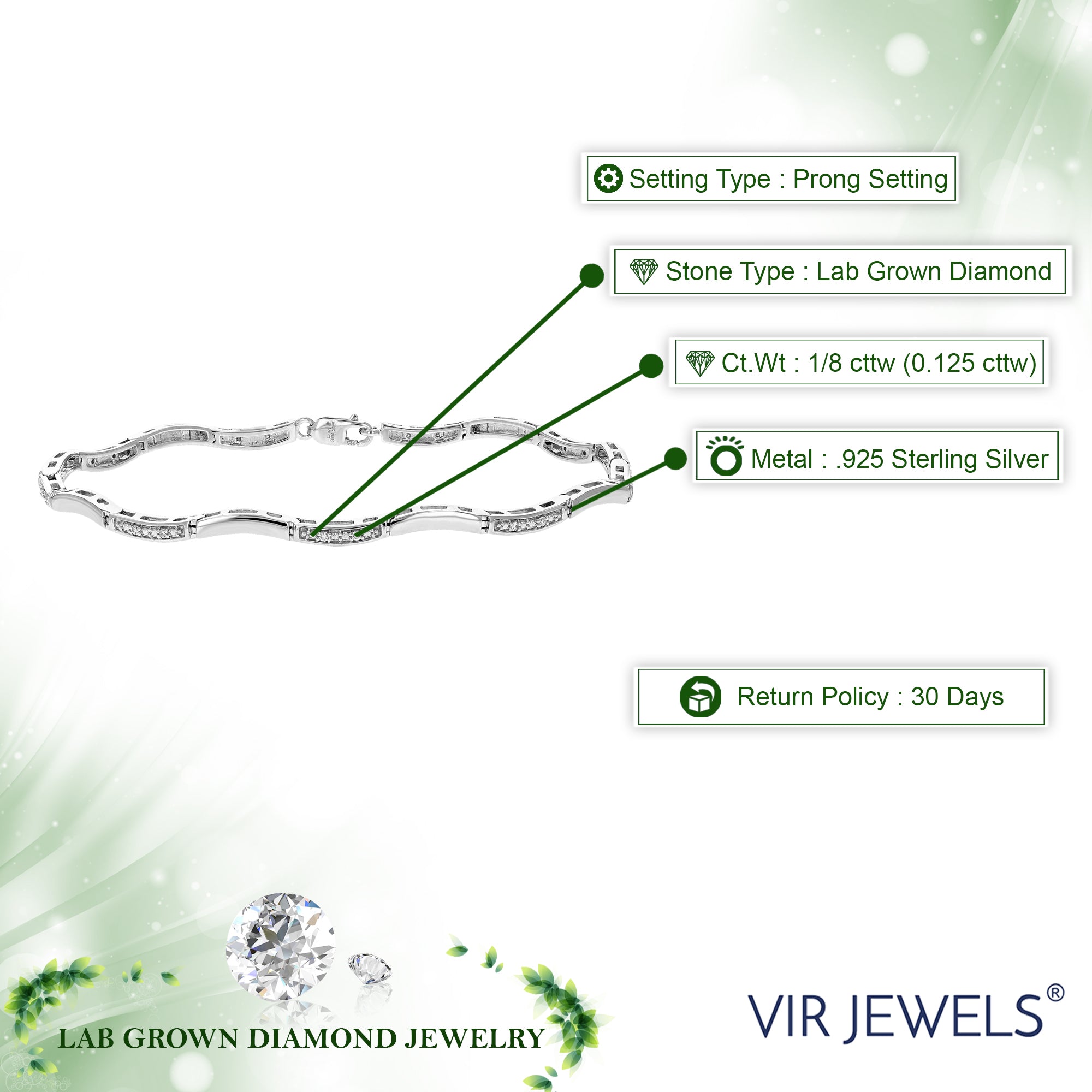 1/8 cttw Diamond Bracelet for Women, Round Lab Grown Diamond Tennis Bracelet in .925 Sterling Silver, Prong Setting, 7.5 Inch