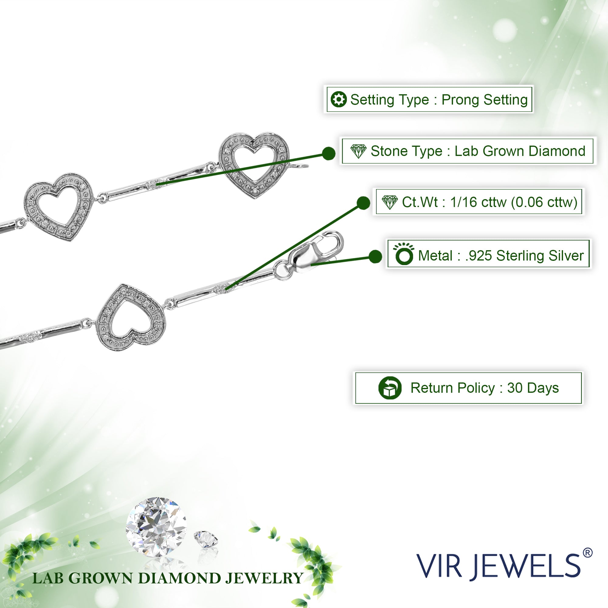 1/16 cttw Diamond Bracelet for Women, Round Lab Grown Diamond Bracelet in .925 Sterling Silver, Prong Setting, 7.15 Inch