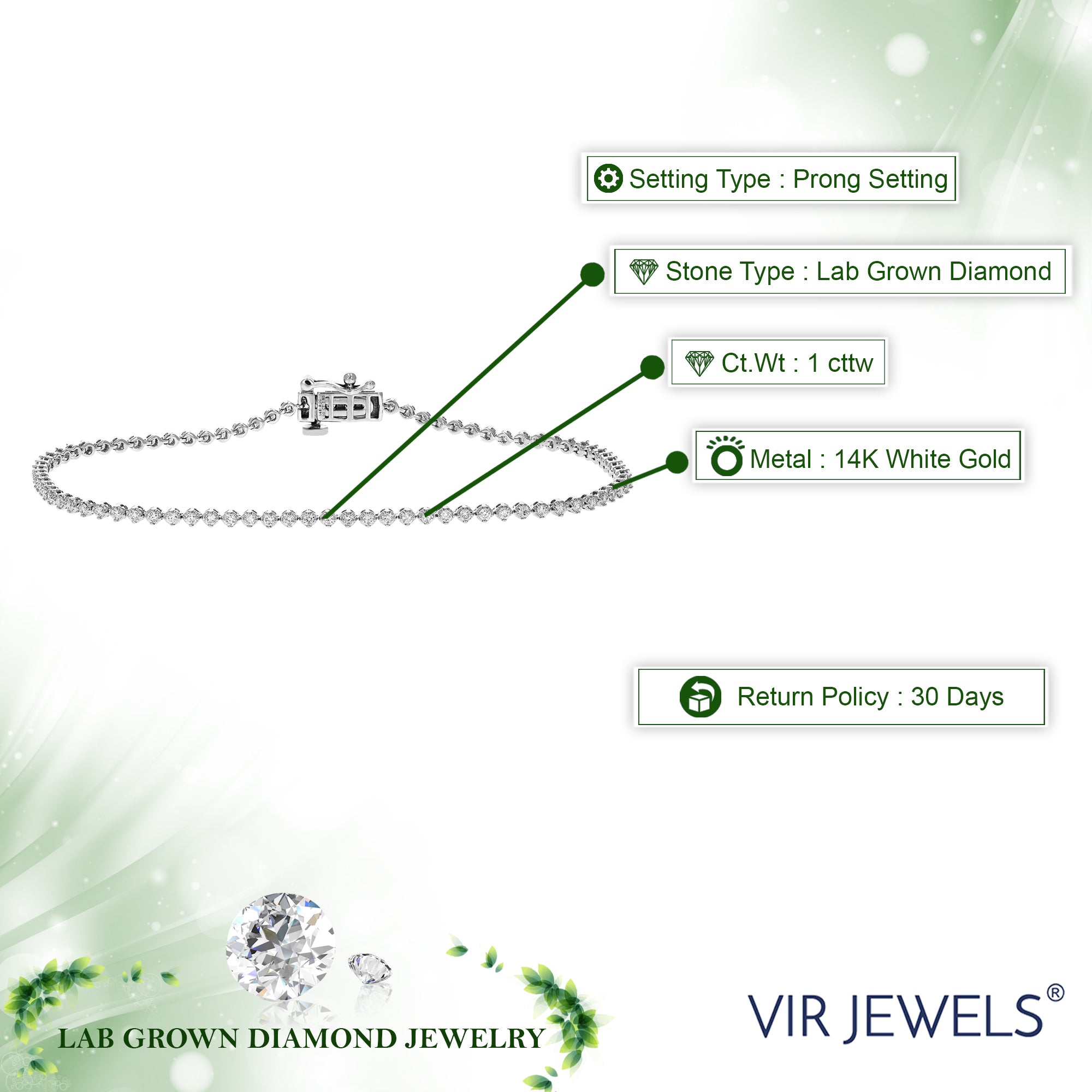 1 cttw Diamond Bracelet for Women, Round Lab Grown Diamond Bracelet 14K White Gold Prong Setting, 7 Inch
