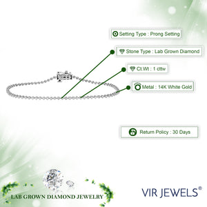 1 cttw Diamond Bracelet for Women, Round Lab Grown Diamond Bracelet 14K White Gold Prong Setting, 7 Inch
