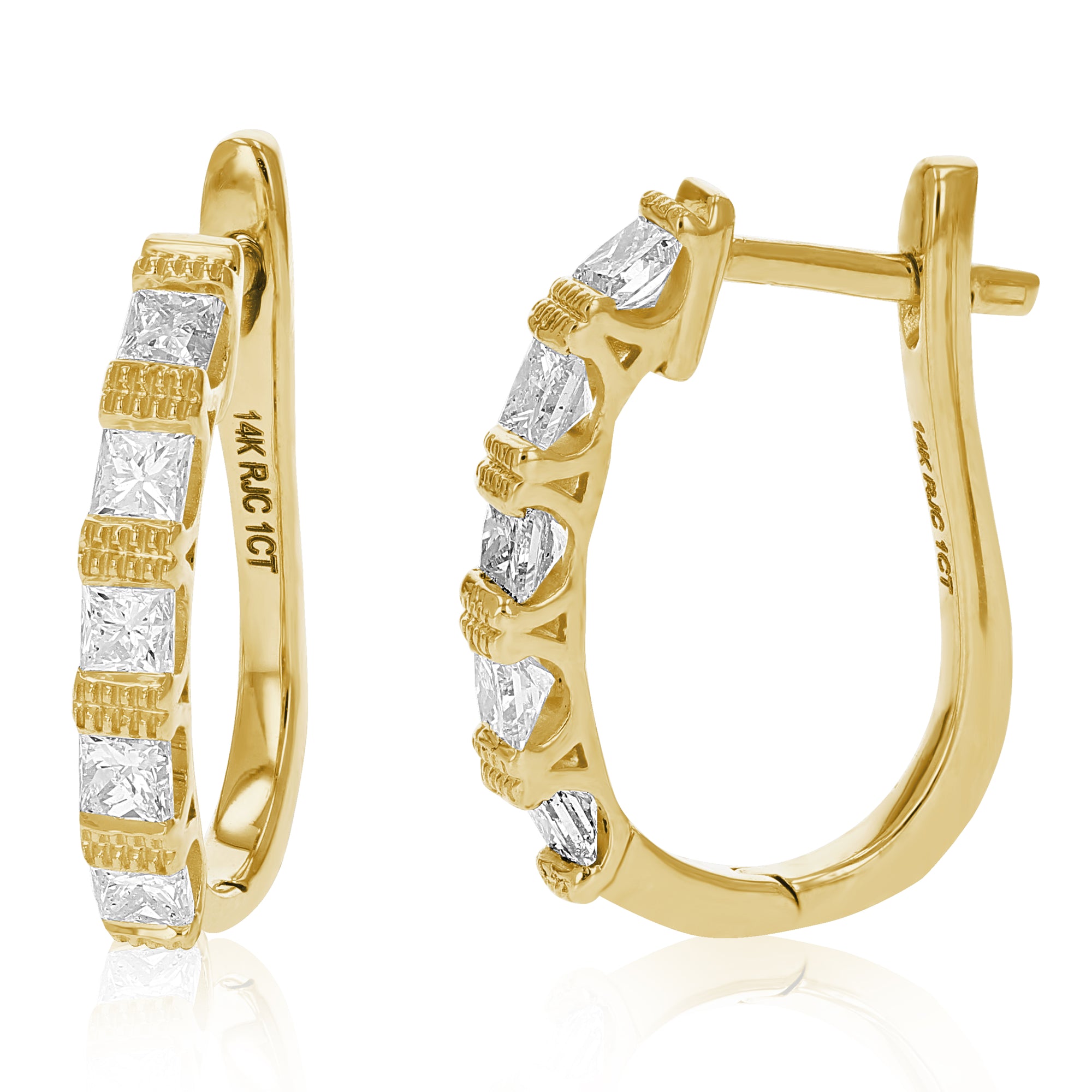 1 cttw Princess Diamond Hoop Earrings 14K Yellow Gold Milgrain Channel Set 0.59 inch