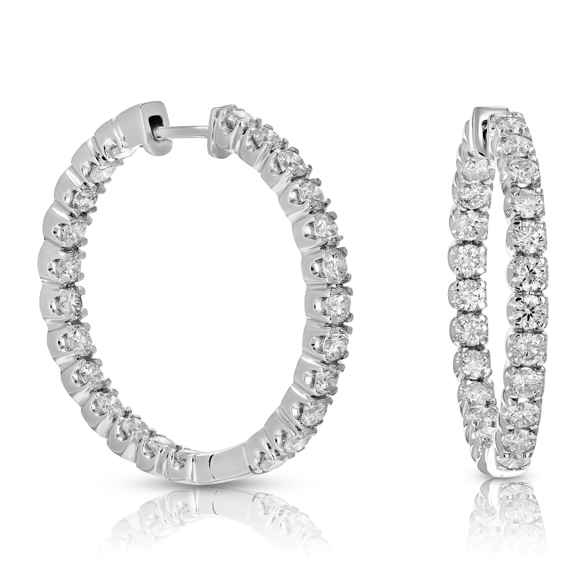 4 cttw Lab Grown Diamond Hoop Earrings 14K White Gold Round Prong Set Inside Out 1.25 Inch
