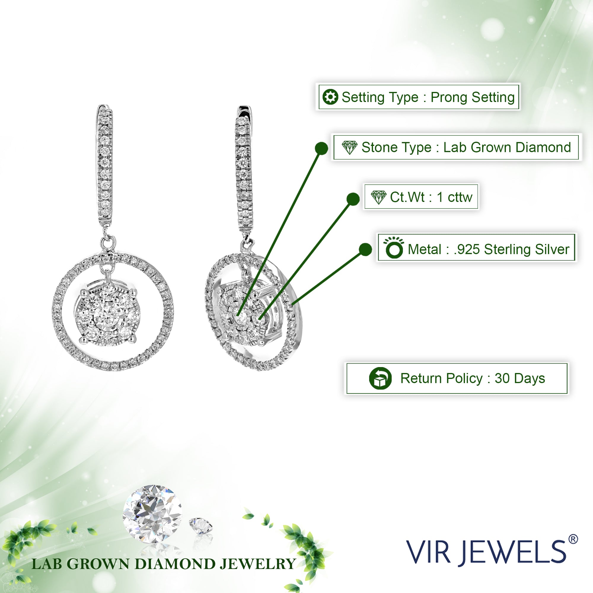 1 cttw 190 Stones Round Lab Grown Diamond Dangle Earring .925 Sterling Silver Prong Set, 2/5 Inch