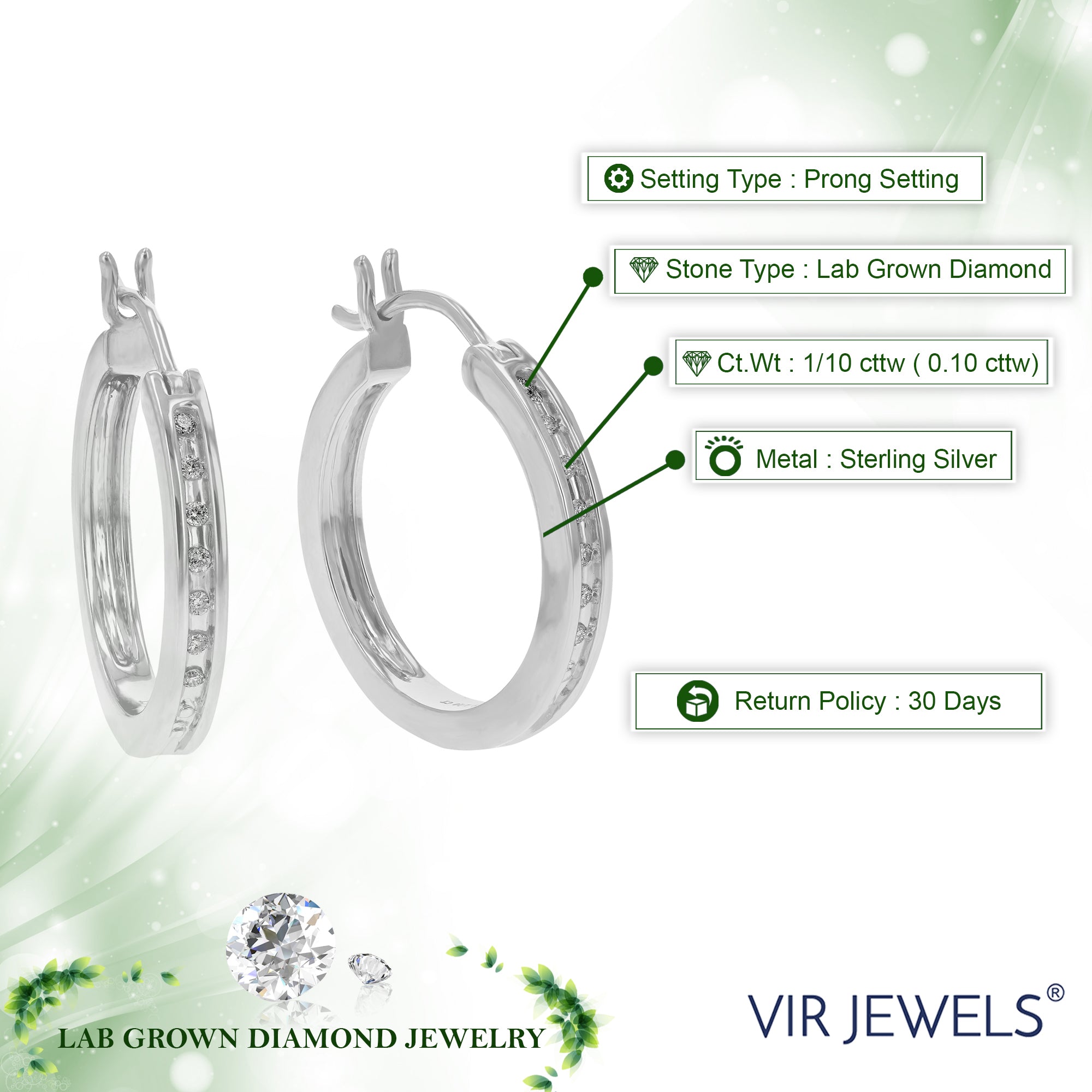 1/10 cttw Diamond Hoop Earrings for Women, Round Lab Grown Diamond Earrings in .925 Sterling Silver, Prong Setting, 1 Inch