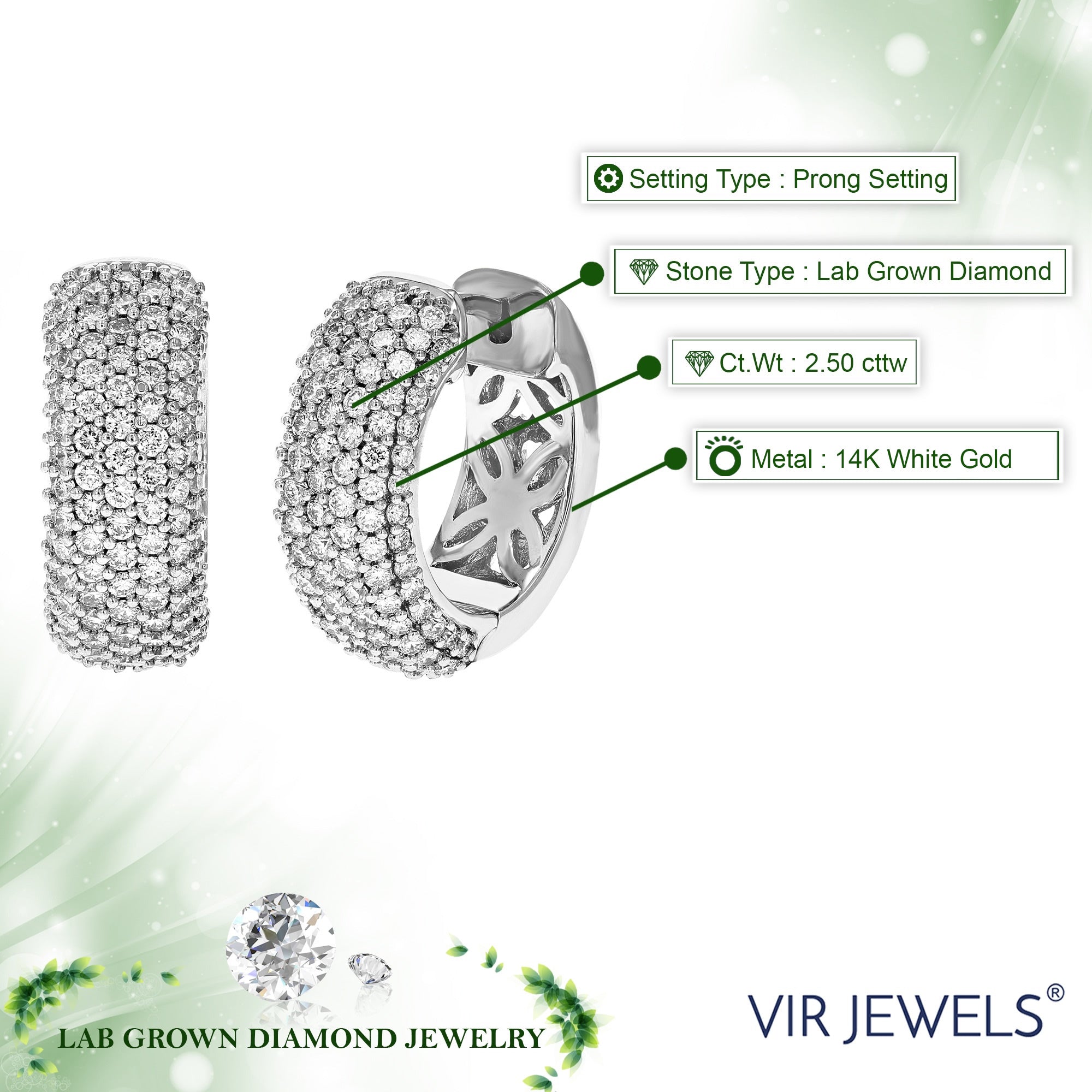 2.50 cttw Lab Grown Diamond Hoop Earrings in 14K White Gold With Hidden Post