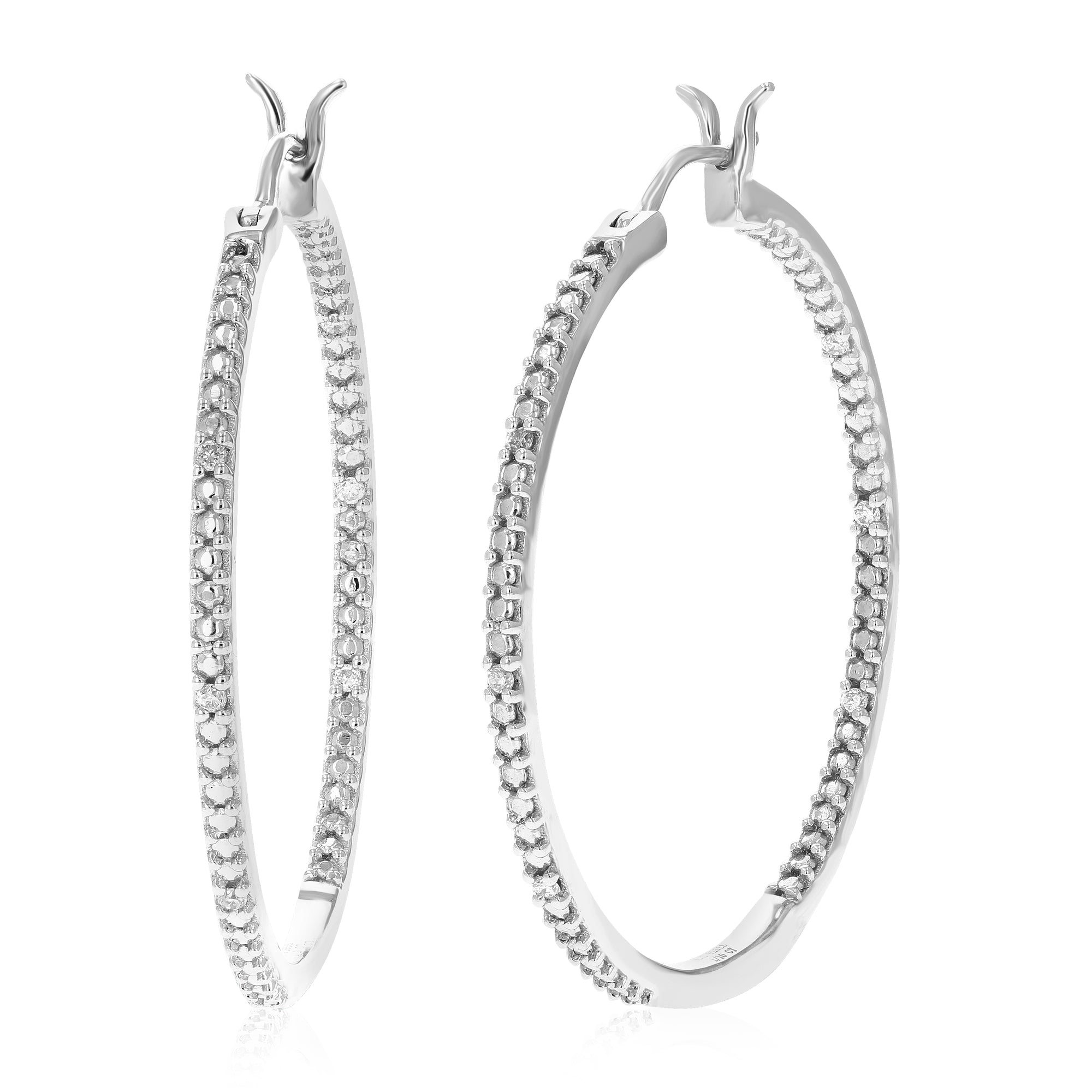 1/10 cttw Diamond Hoop Earrings for Women, Round Lab Grown Diamond Earrings in .925 Sterling Silver, Prong Setting, 1 1/4 Inch