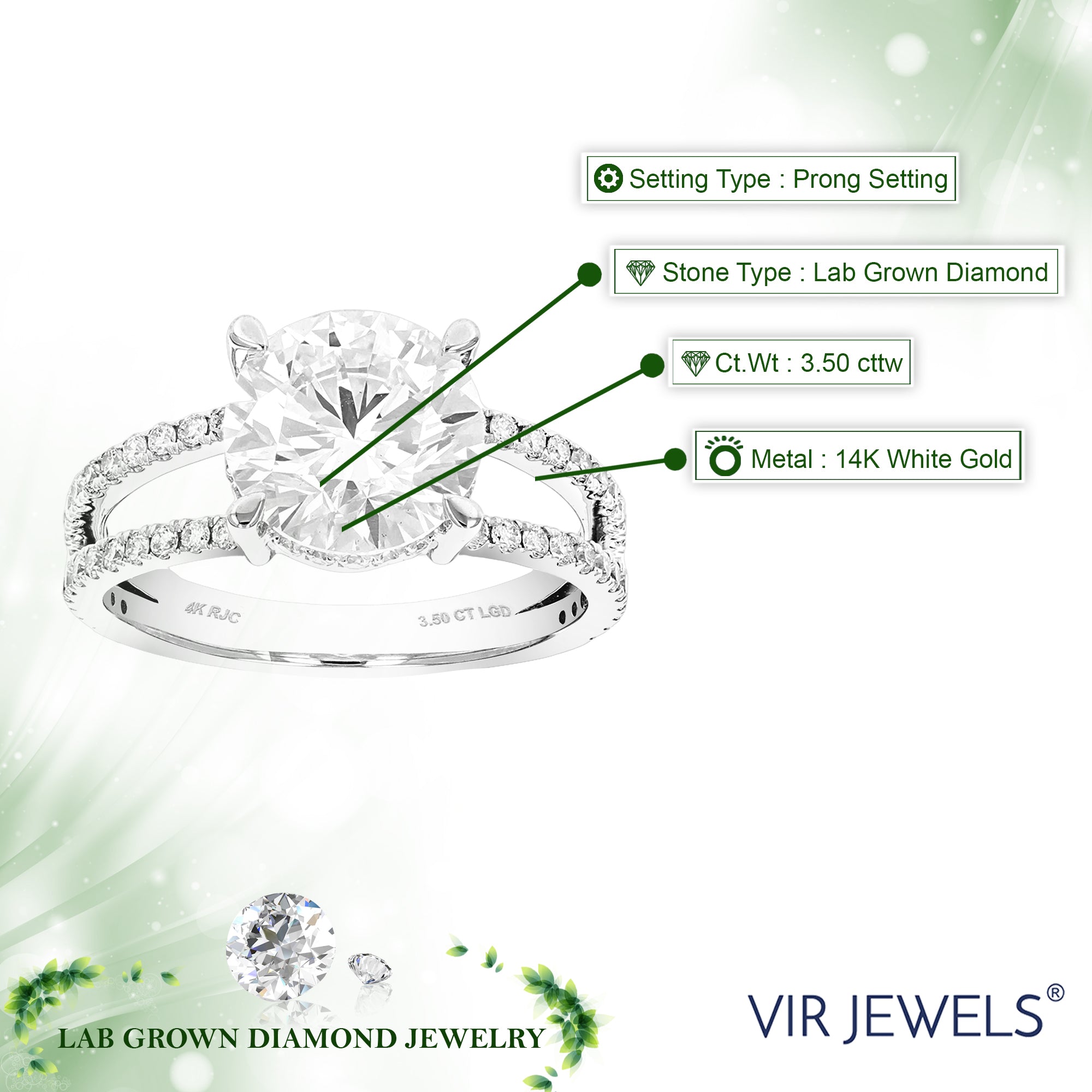 3.50 cttw Lab Grown Diamond Engagement Ring in 14K White Gold