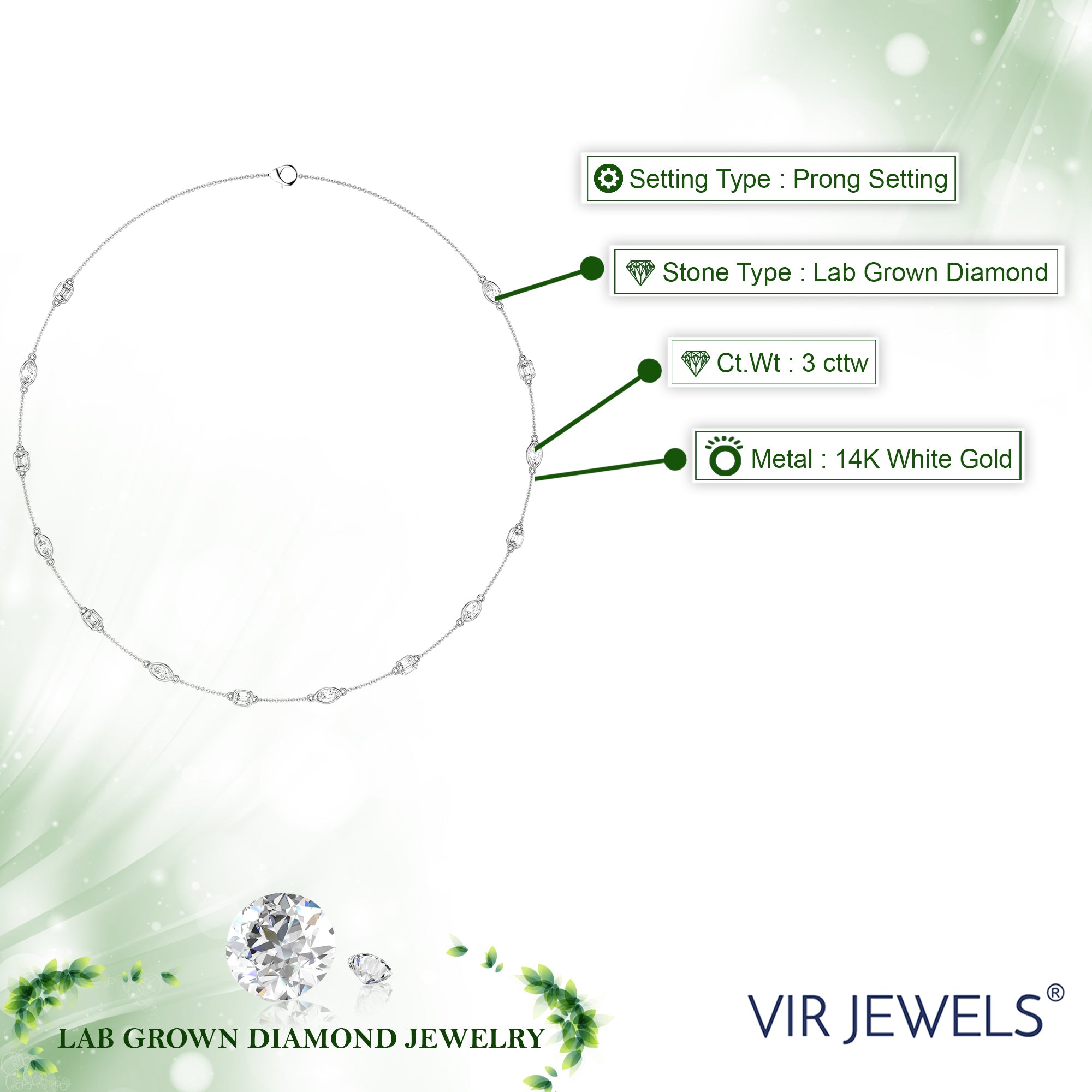 3 cttw Emerald and Marquise Lab Grown Diamond Necklace in 14K Gold