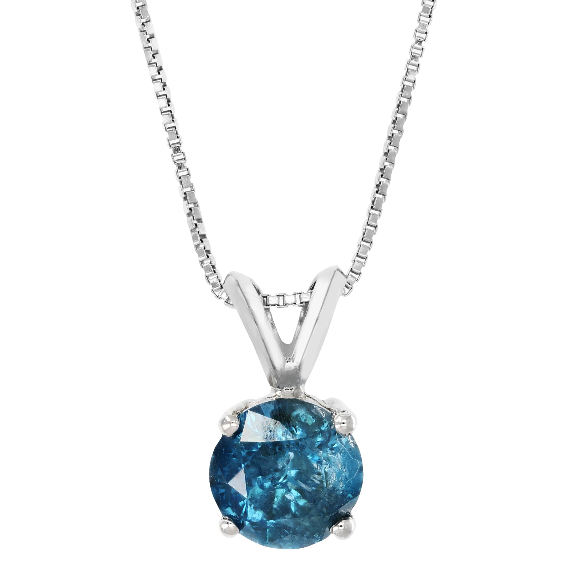 Blue Diamond Solitaire Pendant Necklace 14K White Gold Round with Chain