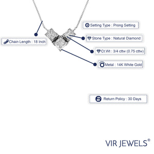 3/4 cttw 3 Stone Princess Cut Diamond Pendant Necklace 14K White Gold with Chain
