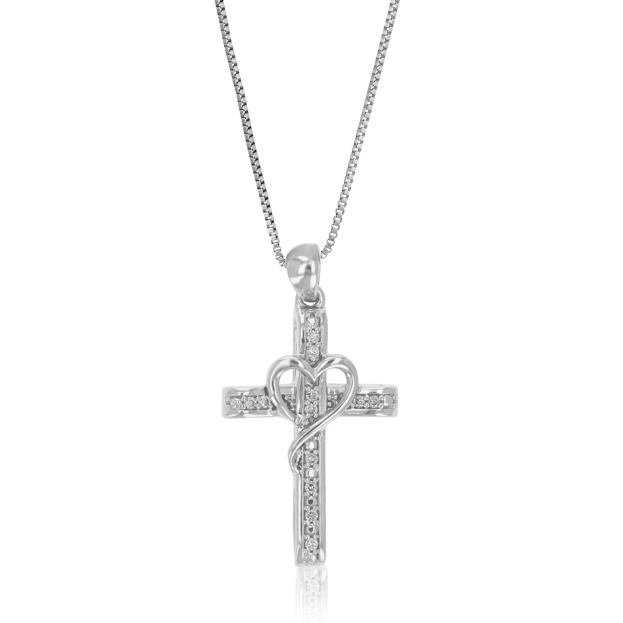 1/10 cttw Diamond Pendant Necklace for Women, Lab Grown Diamond Cross and Heart Pendant Necklace in .925 Sterling Silver with Chain, Size 1 1/4 Inch