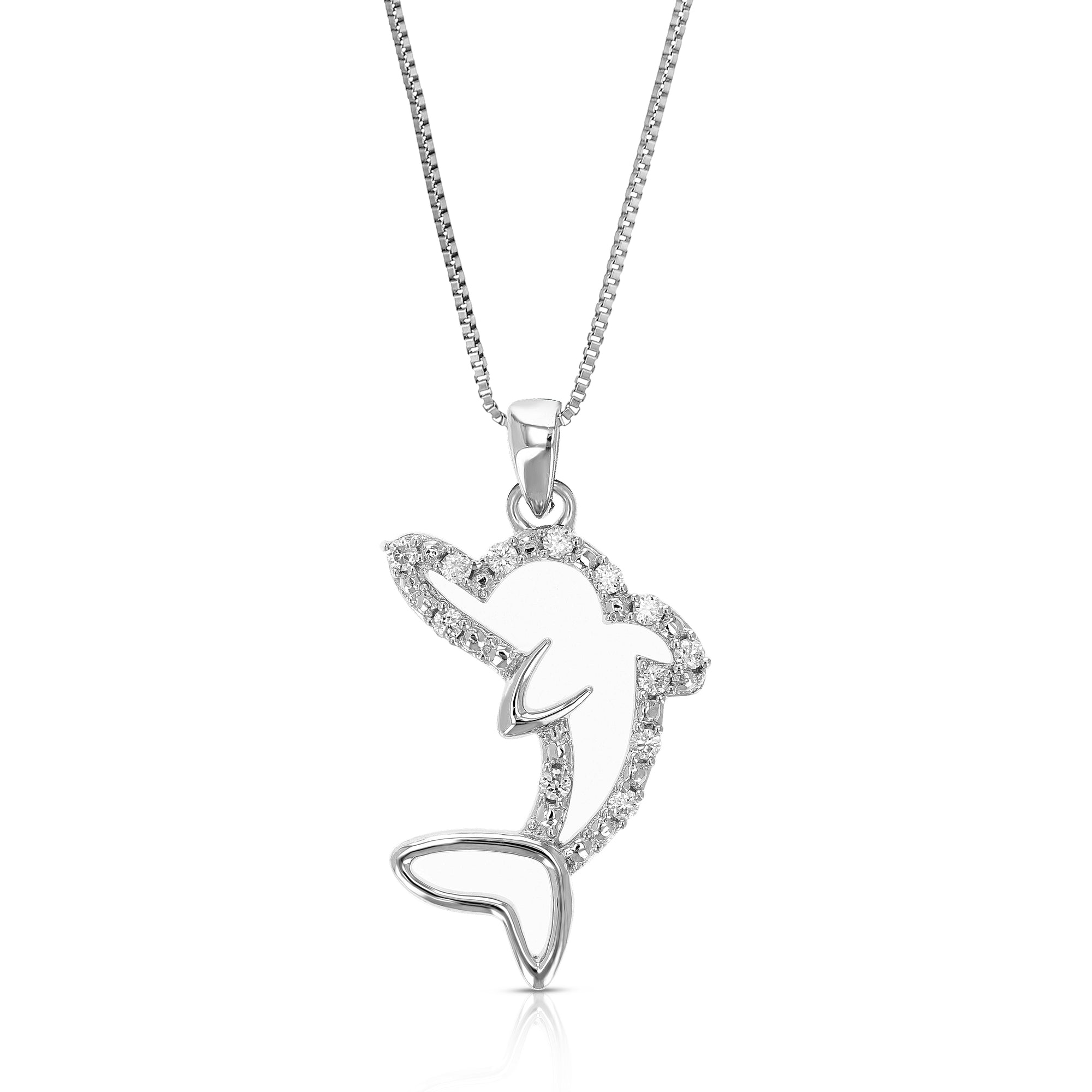 1/10 cttw Lab Grown Diamond Dolphine Pendant Necklace .925 Sterling Silver 1/2 Inch with 18 Inch Chain, Size 1 Inch