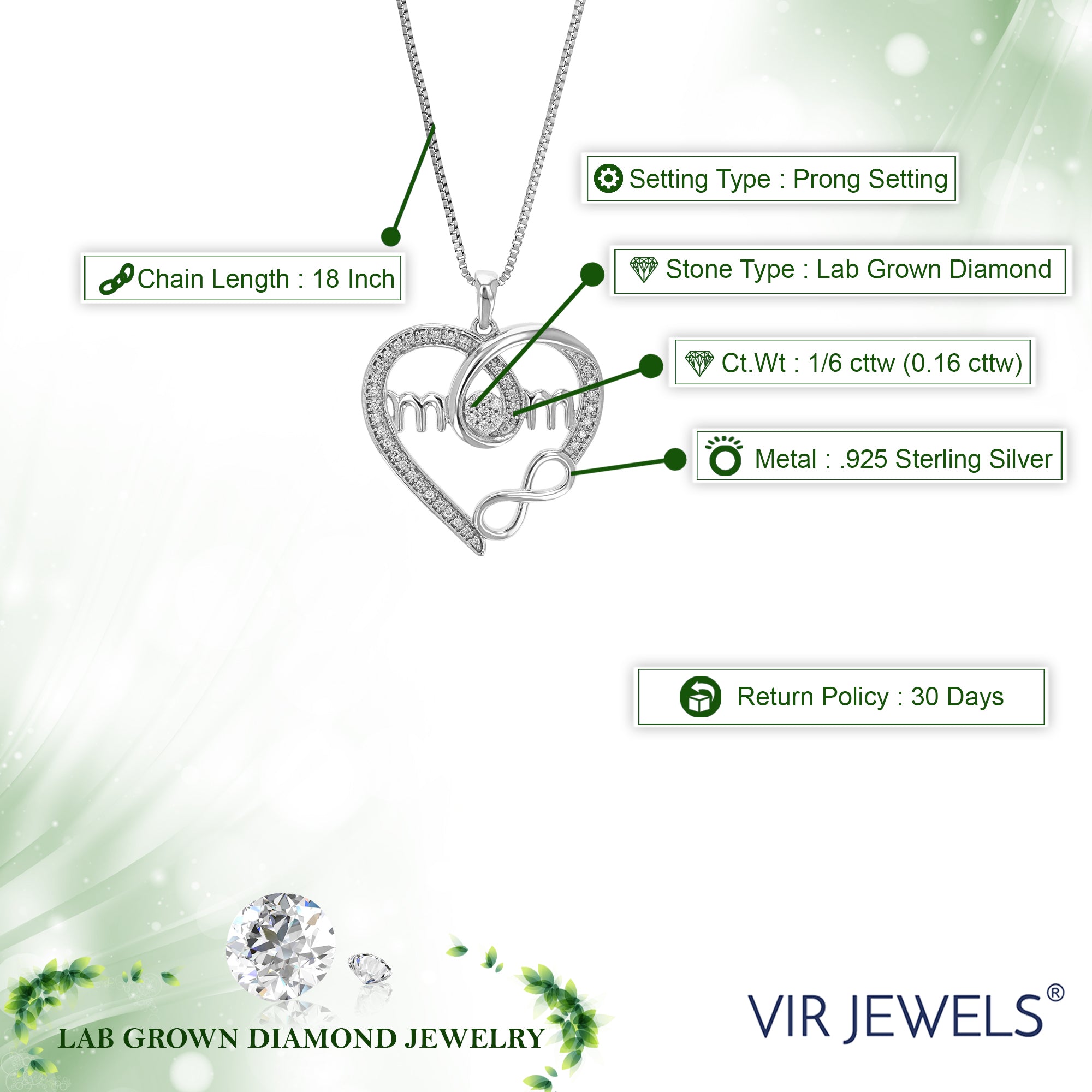 1/6 cttw Diamond Pendant Necklace for Women, Lab Grown Diamond Heart Pendant Necklace in .925 Sterling Silver with Chain, Size 1 Inch