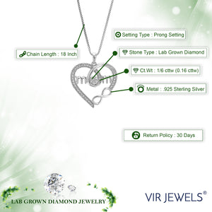 1/6 cttw Diamond Pendant Necklace for Women, Lab Grown Diamond Heart Pendant Necklace in .925 Sterling Silver with Chain, Size 1 Inch