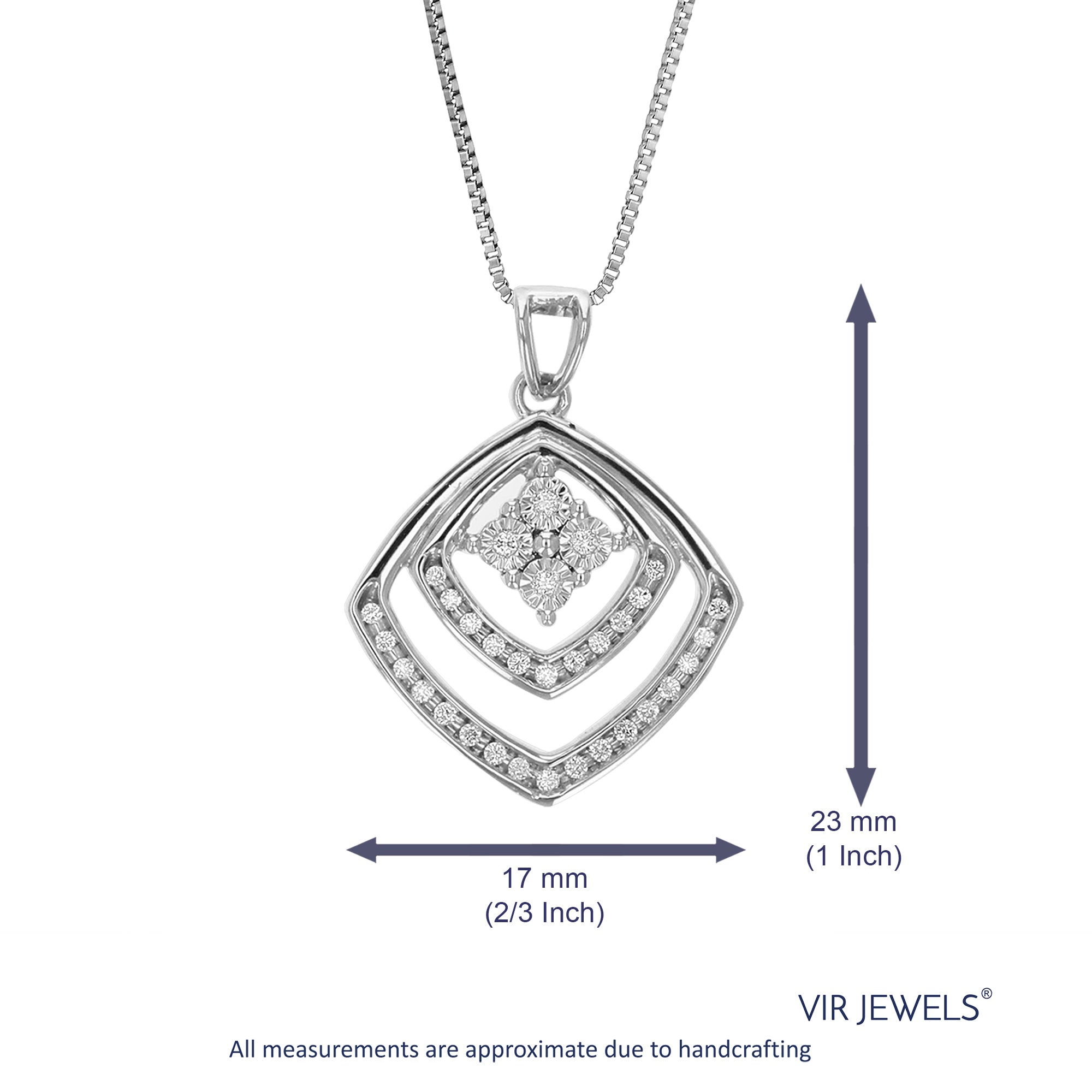 1/8 cttw Diamond Pendant Necklace for Women, Lab Grown Diamond Double Square Pendant Necklace in .925 Sterling Silver with Chain, Size 3/4 Inch
