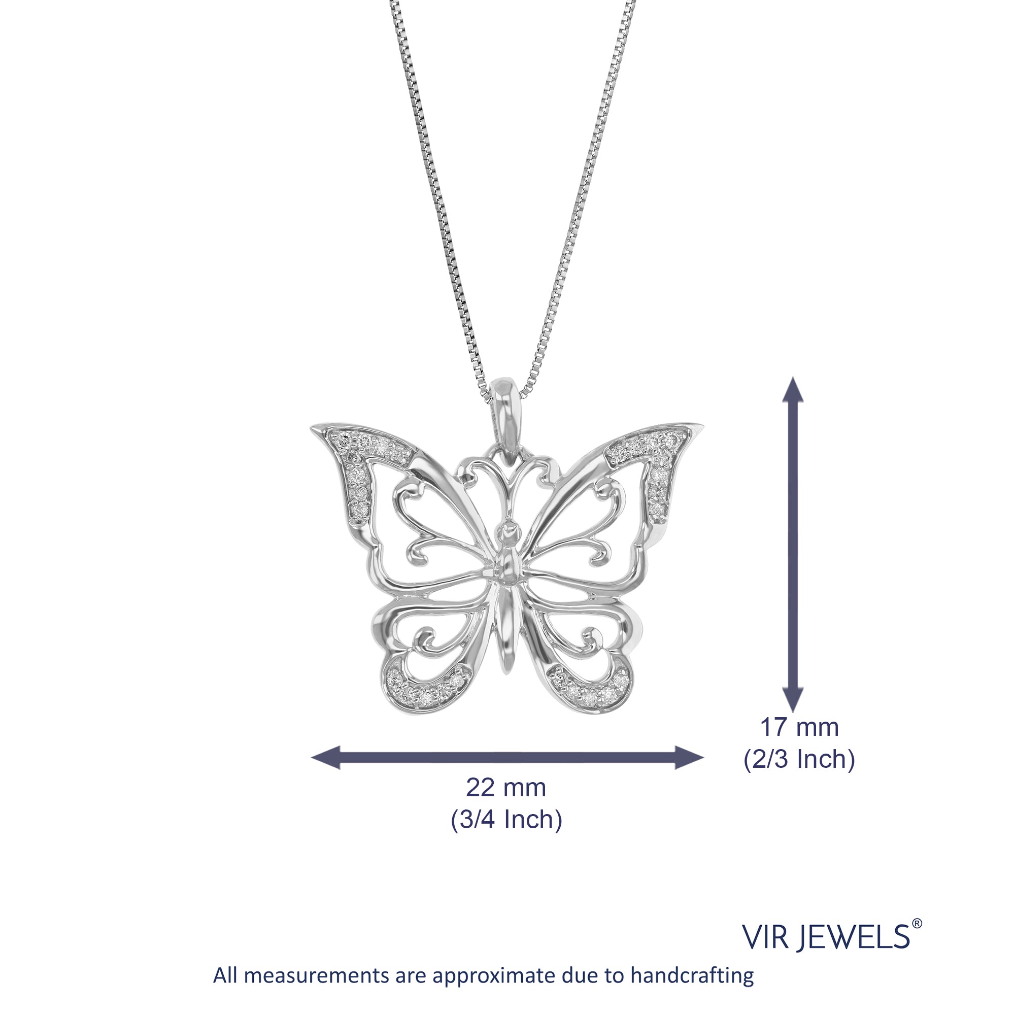 1/8 cttw Diamond Pendant Necklace for Women, Lab Grown Diamond Butterfly Pendant Necklace in .925 Sterling Silver with Chain, Size 2/3 Inch