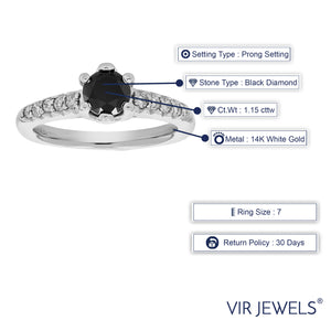 1.15 cttw Black and White Diamond Engagement Ring 14K White Gold Bridal Size 7