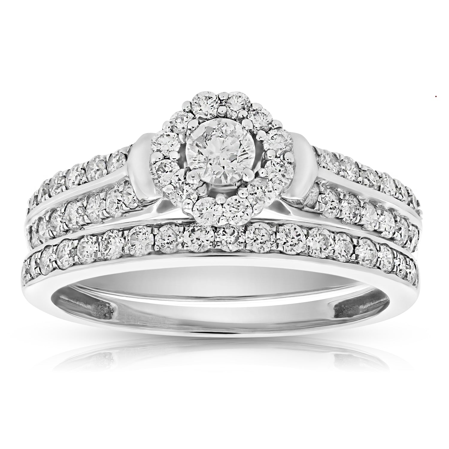 1 cttw Diamond Halo Cluster Wedding Engagement Ring Set 14K White Gold Bridal