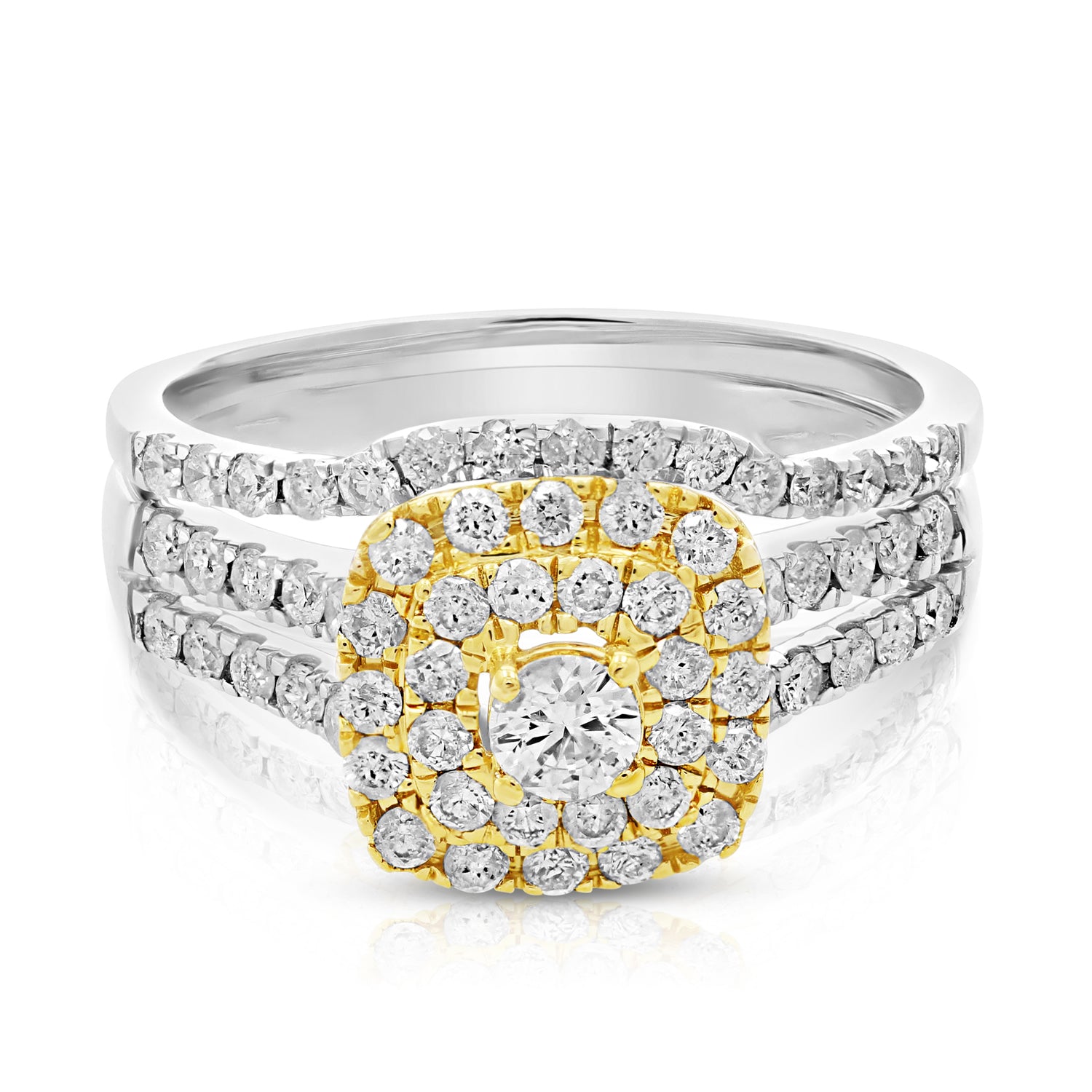 1 cttw Diamond Wedding Bridal Ring Set 14K Two Tone Gold Cushion Halo Engagement