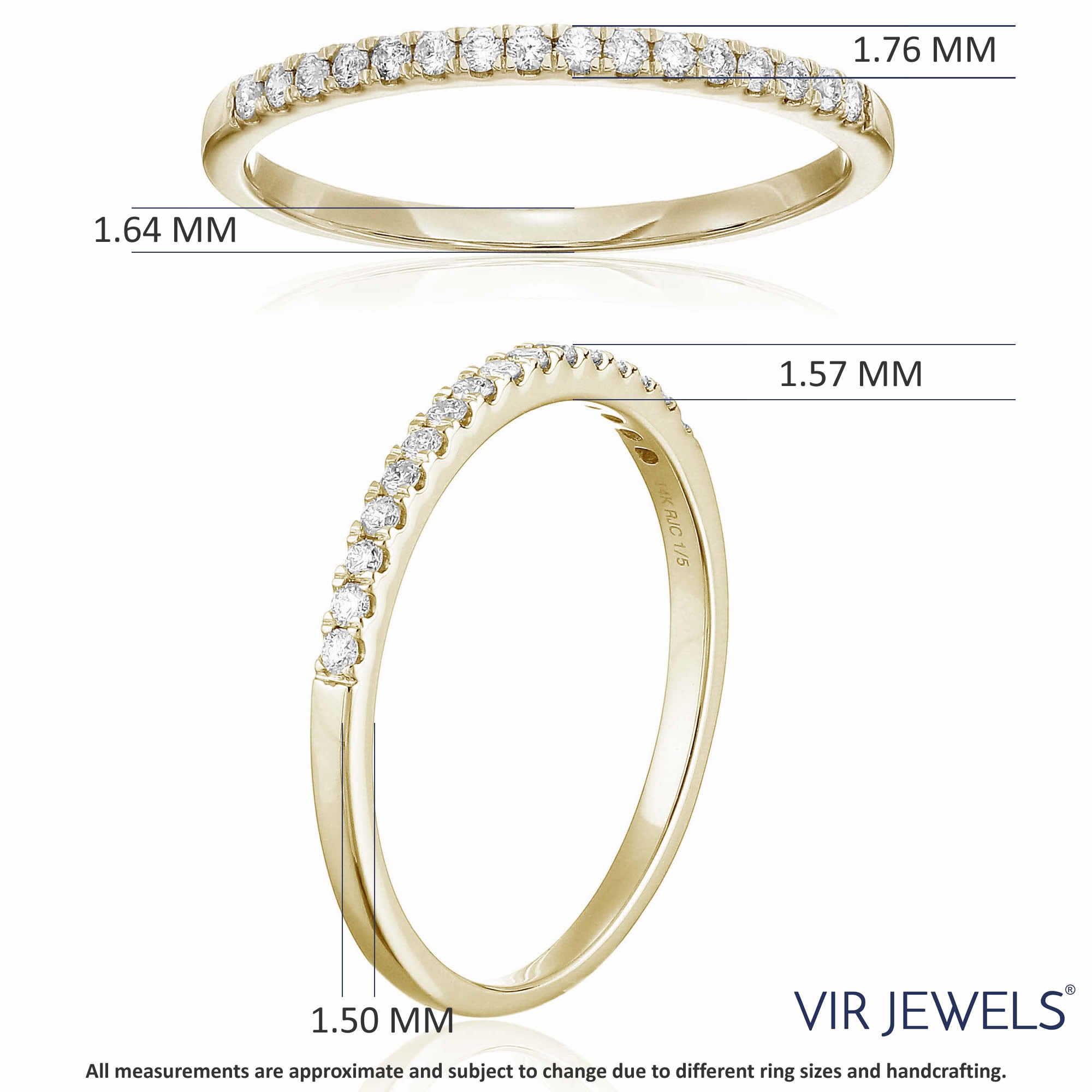 1/5 cttw Pave Round Diamond Wedding Band for Women in 14K Yellow Gold Prong Set, Size 4.5-10