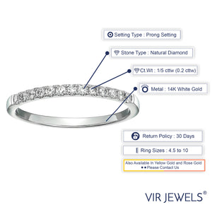 1/5 cttw Pave Diamond Wedding Band for Women in 14K White Gold Prong Set Ring, Size 4-10