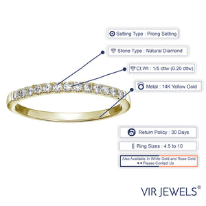 1/5 cttw Pave Round Diamond Wedding Band for Women in 14K Yellow Gold Ring Prong Set, Size 4-10