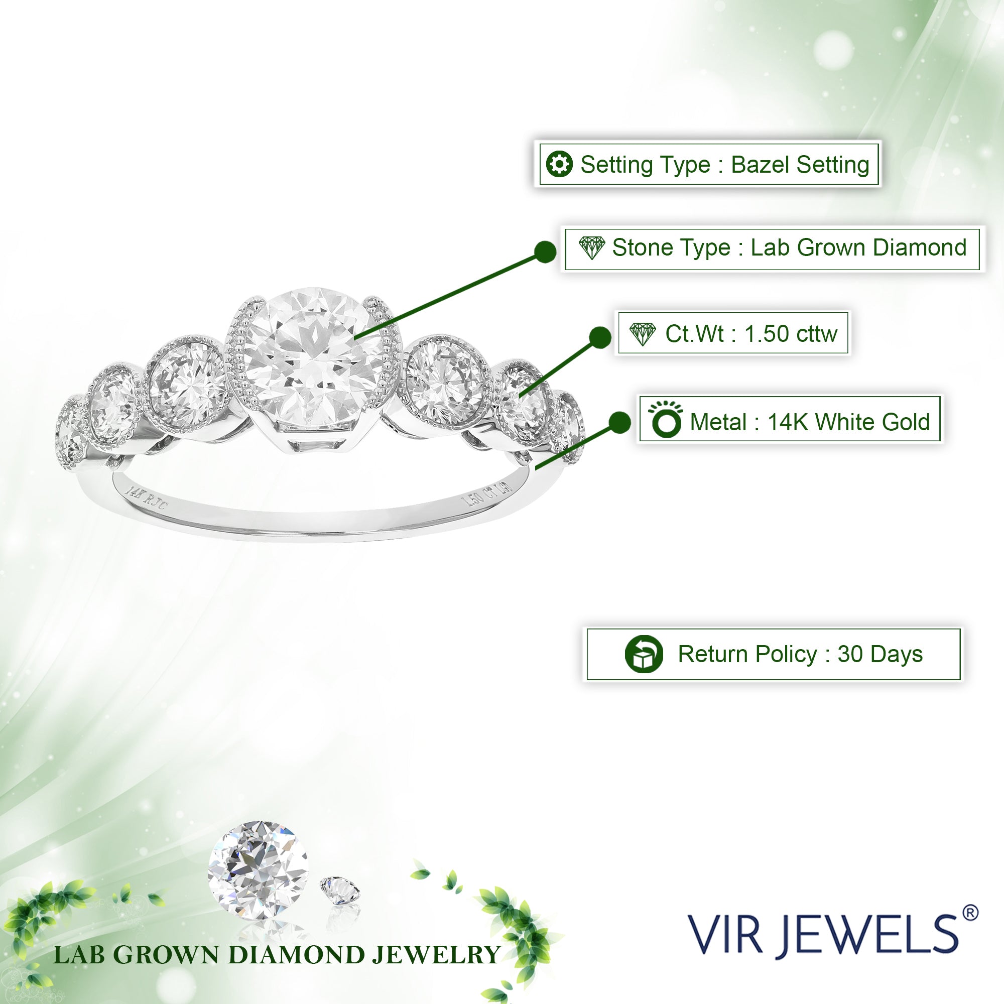 1.50 cttw Round Lab Grown Diamond Engagement Ring 7 Stones 14K White Gold Bezel Set 3/4 Inch