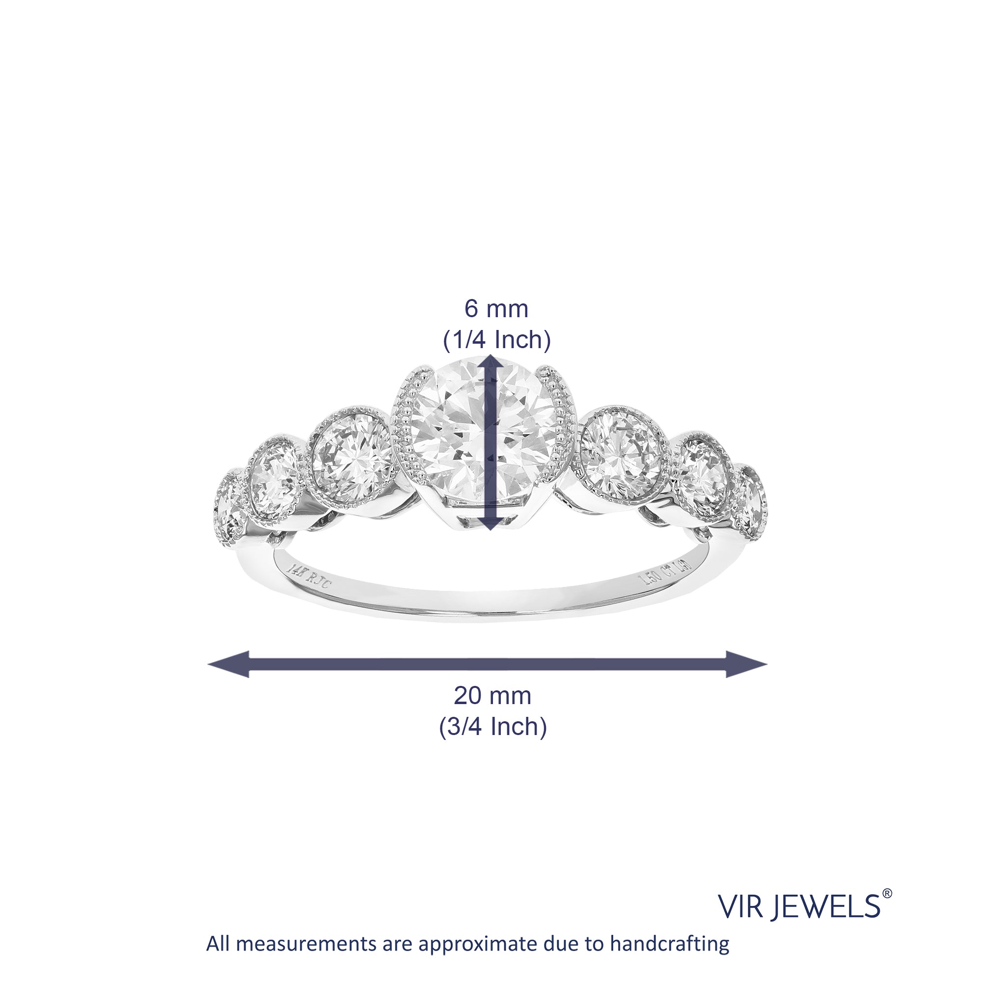 1.50 cttw Round Lab Grown Diamond Engagement Ring 7 Stones 14K White Gold Bezel Set 3/4 Inch