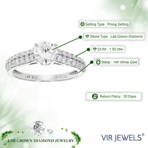 1.50 cttw Round Lab Grown Diamond Engagement Ring 33 Stones 14K White Gold Prong Set 3/4 Inch