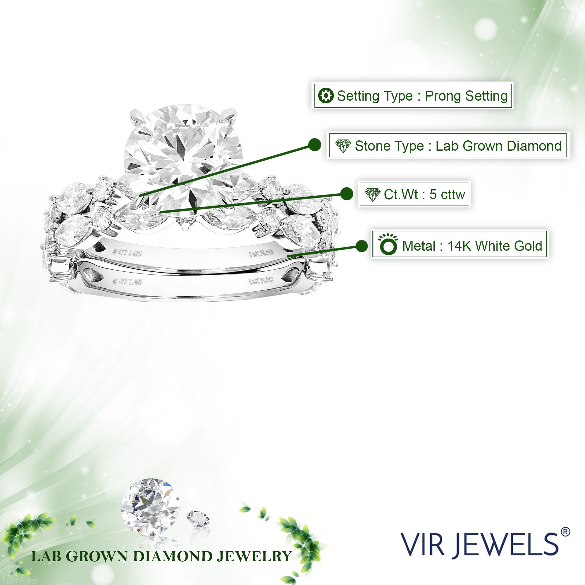 5 cttw Lab Grown Diamond Wedding Bridal Set in 14K White Gold