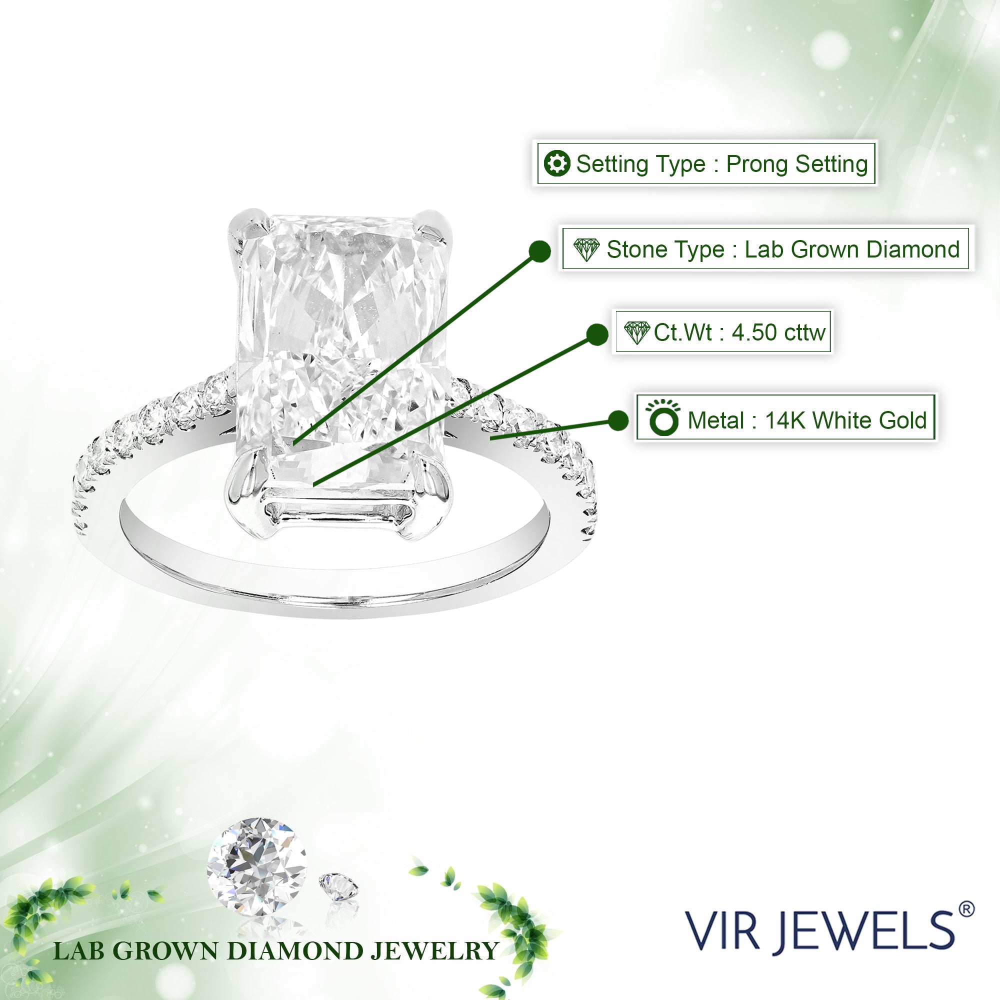 4.50 cttw Radiant Lab Grown Diamond Engagement Ring in 14K White Gold