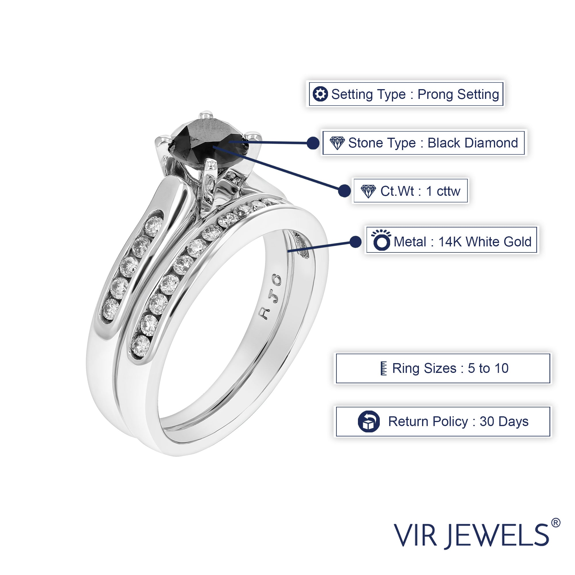 1 cttw Black Diamond Wedding Engagement Ring Bridal Set 14K White Gold Size 7
