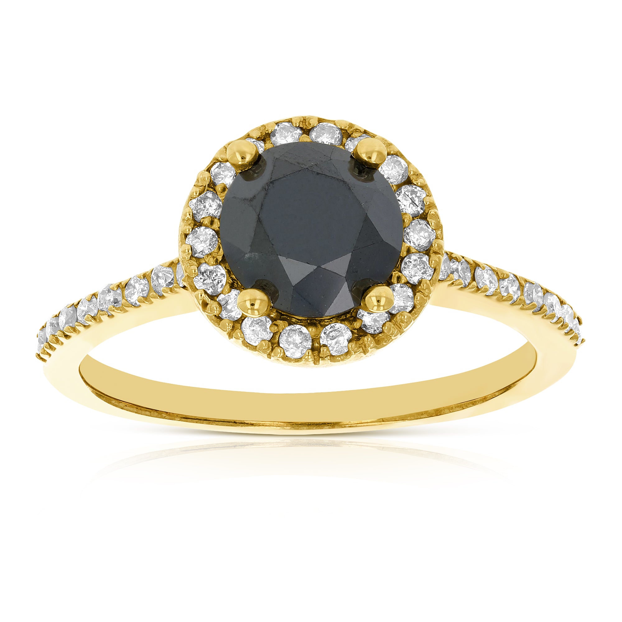 1.50 cttw Black Diamond Engagement Ring 10K Yellow Gold Halo Design Prong Bridal