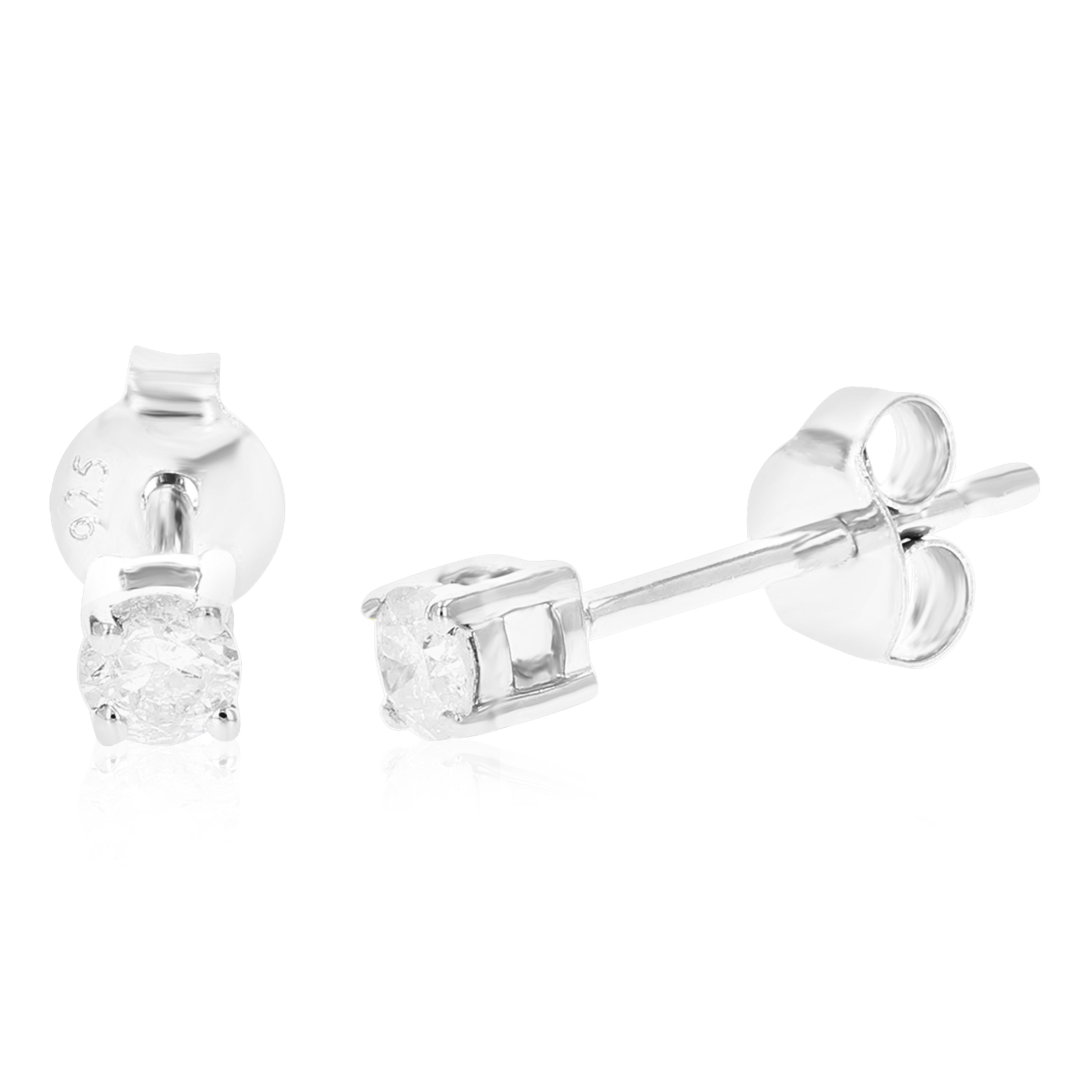 Diamond Stud Earrings .925 Sterling Silver Round 4 Prong with Push Backs