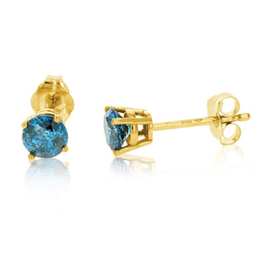 1 cttw Blue Diamond Stud Earrings 14k Yellow Gold Round Shape with Push Backs Prong Set