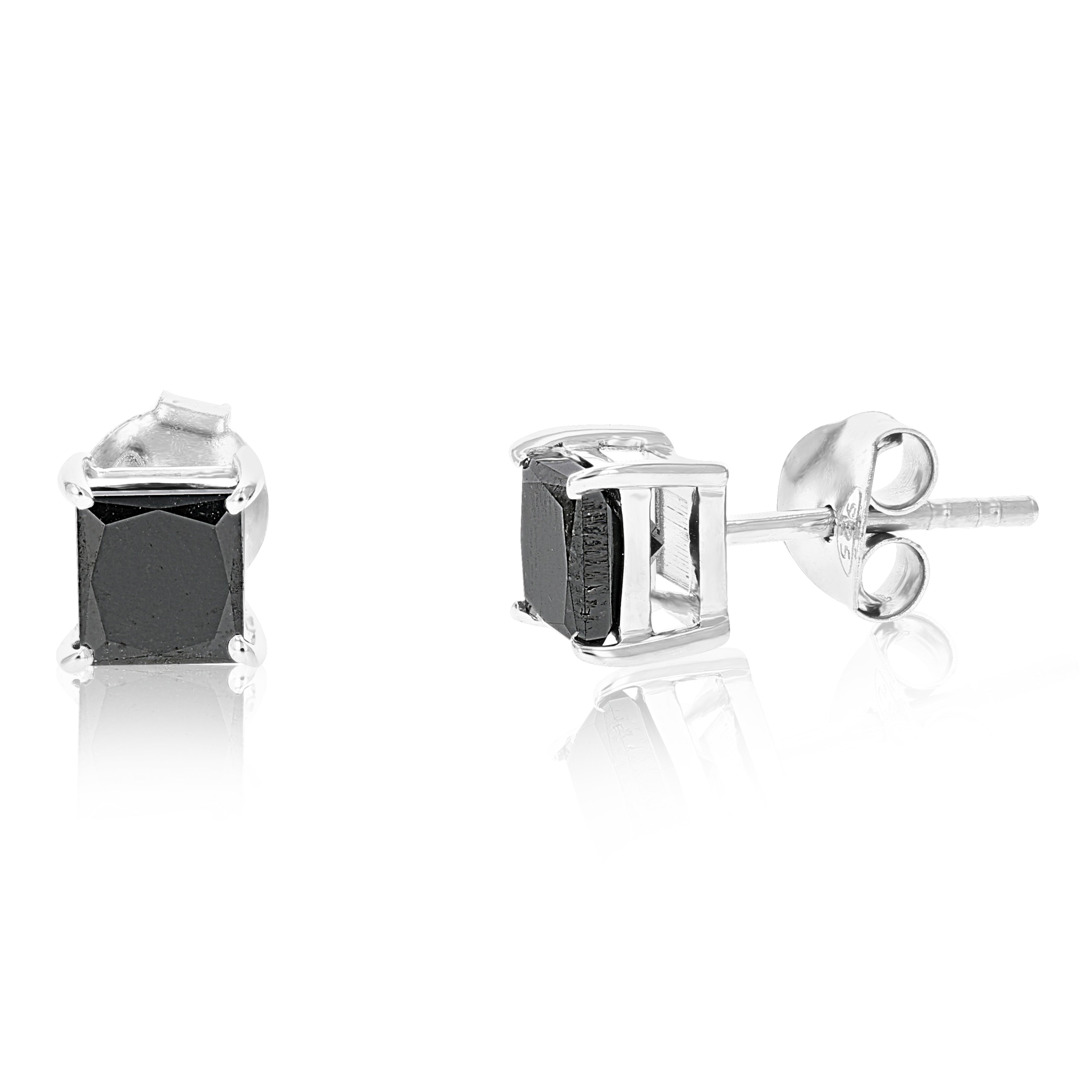 Black Diamond Princess Cut Stud Earrings in.925 Sterling Silver Square Push Backs
