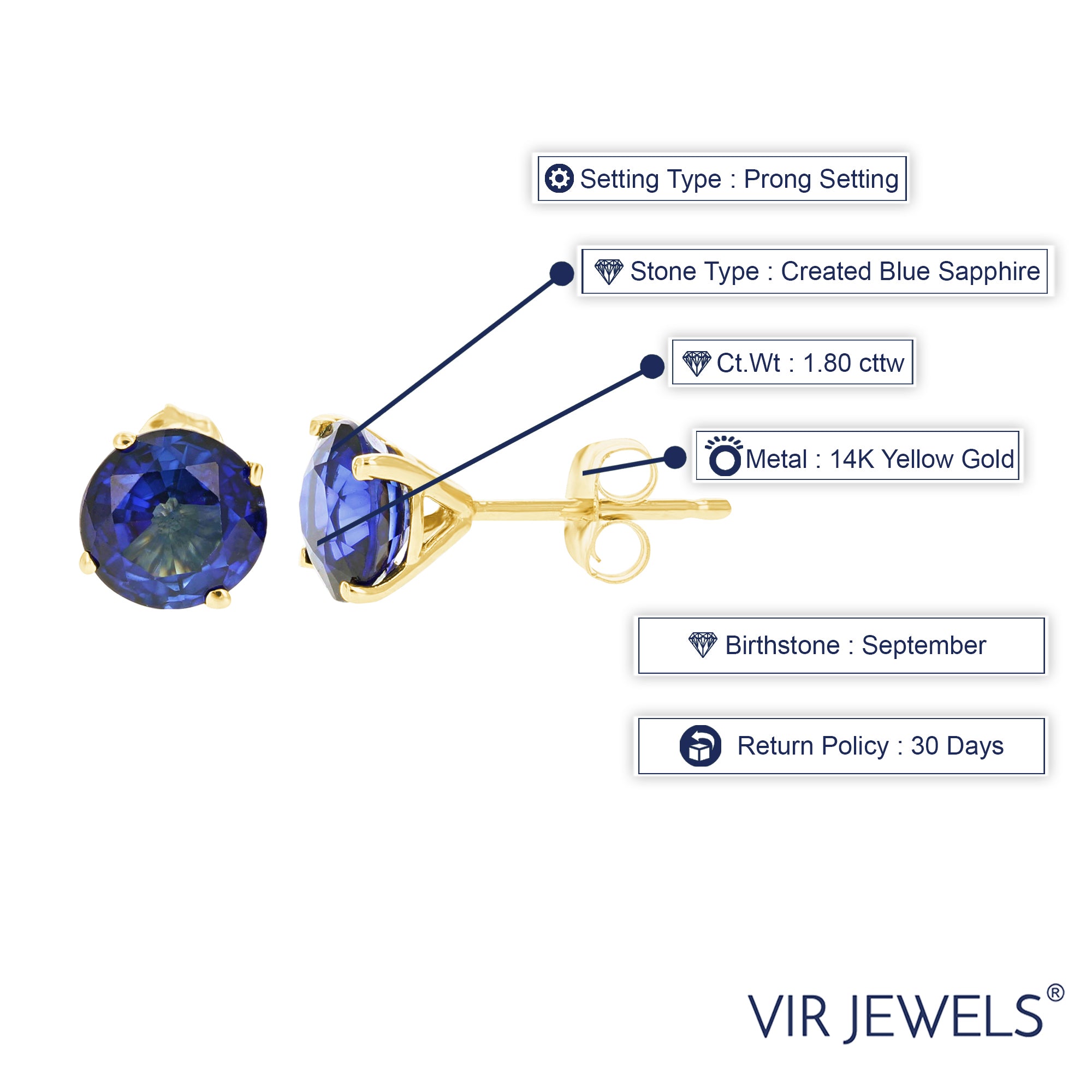 1.80 cttw Created Blue Sapphire Stud Earrings 14K Yellow Gold 6 MM Round with Push Backs September Birthstone