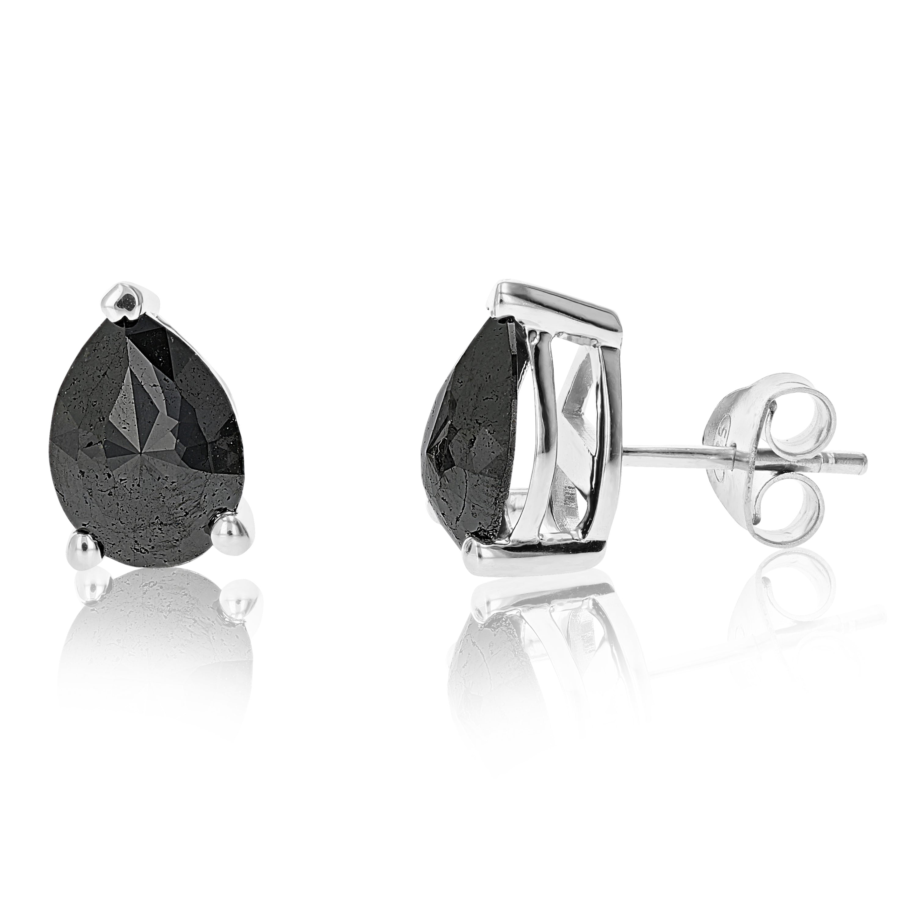 Pear Shape Black Diamond Stud Earrings .925 Sterling Silver Prong Set