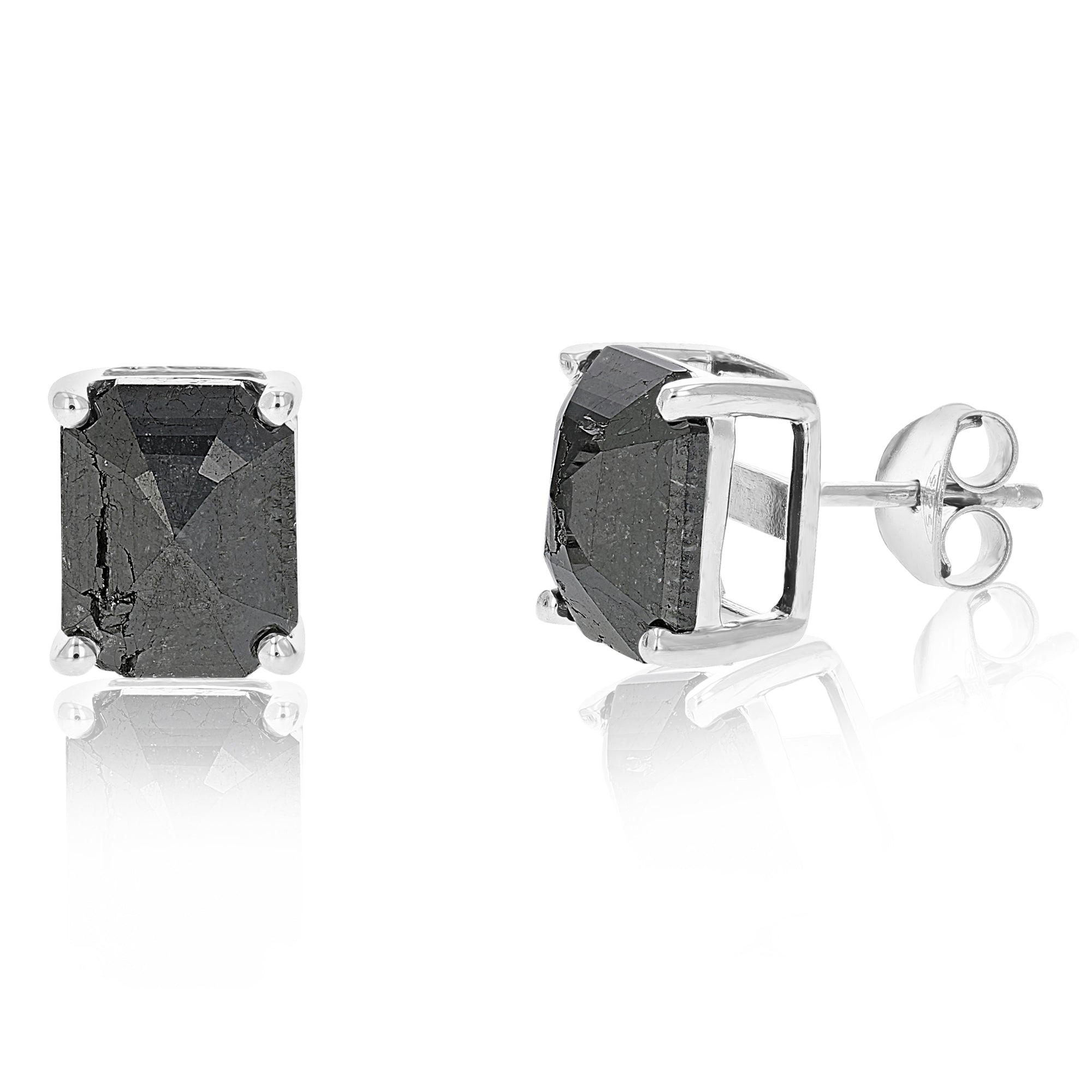 4 cttw Emerald Cut Black Diamond Stud Earrings .925 Sterling Silver Prong Set