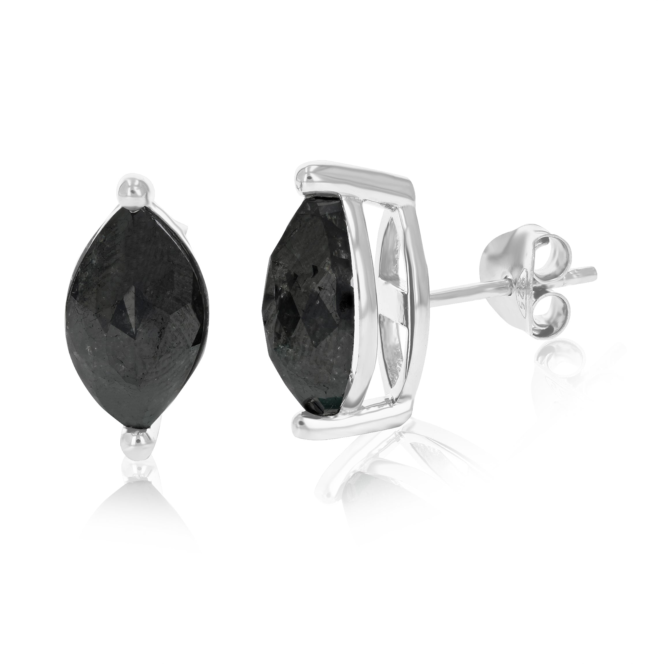Marquise Shape Black Diamond Stud Earrings .925 Sterling Silver Prong Set