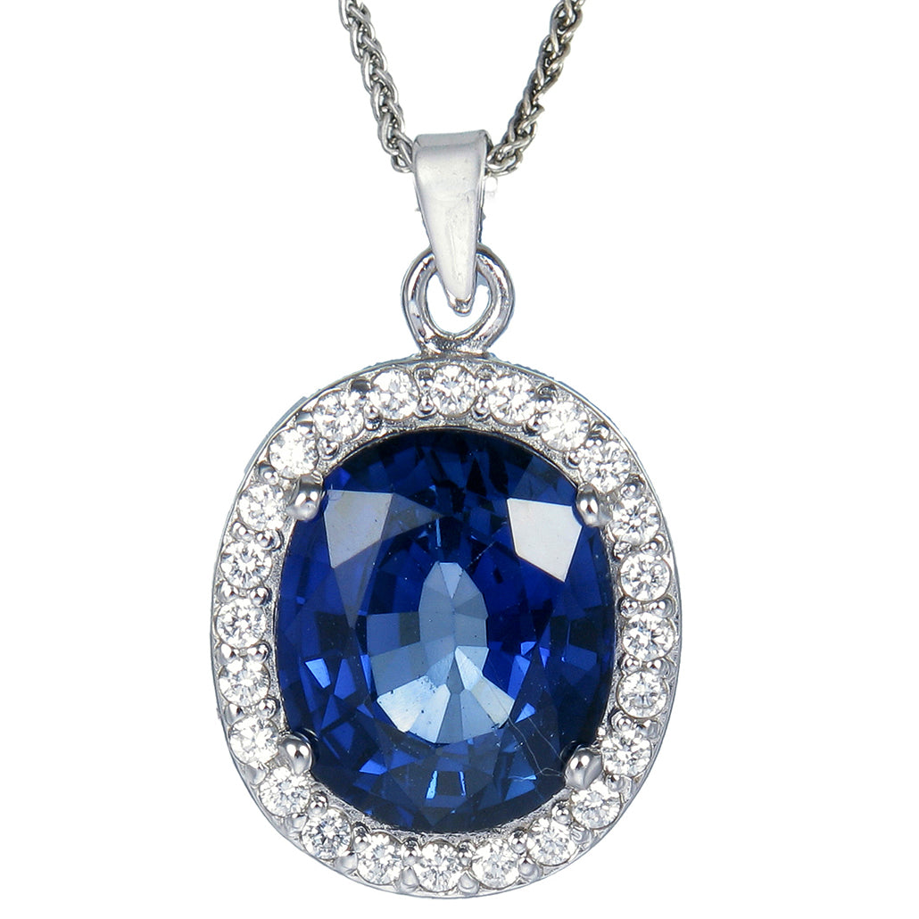 4.50 cttw Pendant Necklace, Created Blue Sapphire Oval Pendant Necklace for Women in Brass with Rhodium Plating, 18 Inch Chain, Prong Setting