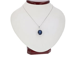 4.50 cttw Pendant Necklace, Created Blue Sapphire Oval Pendant Necklace for Women in Brass with Rhodium Plating, 18 Inch Chain, Prong Setting