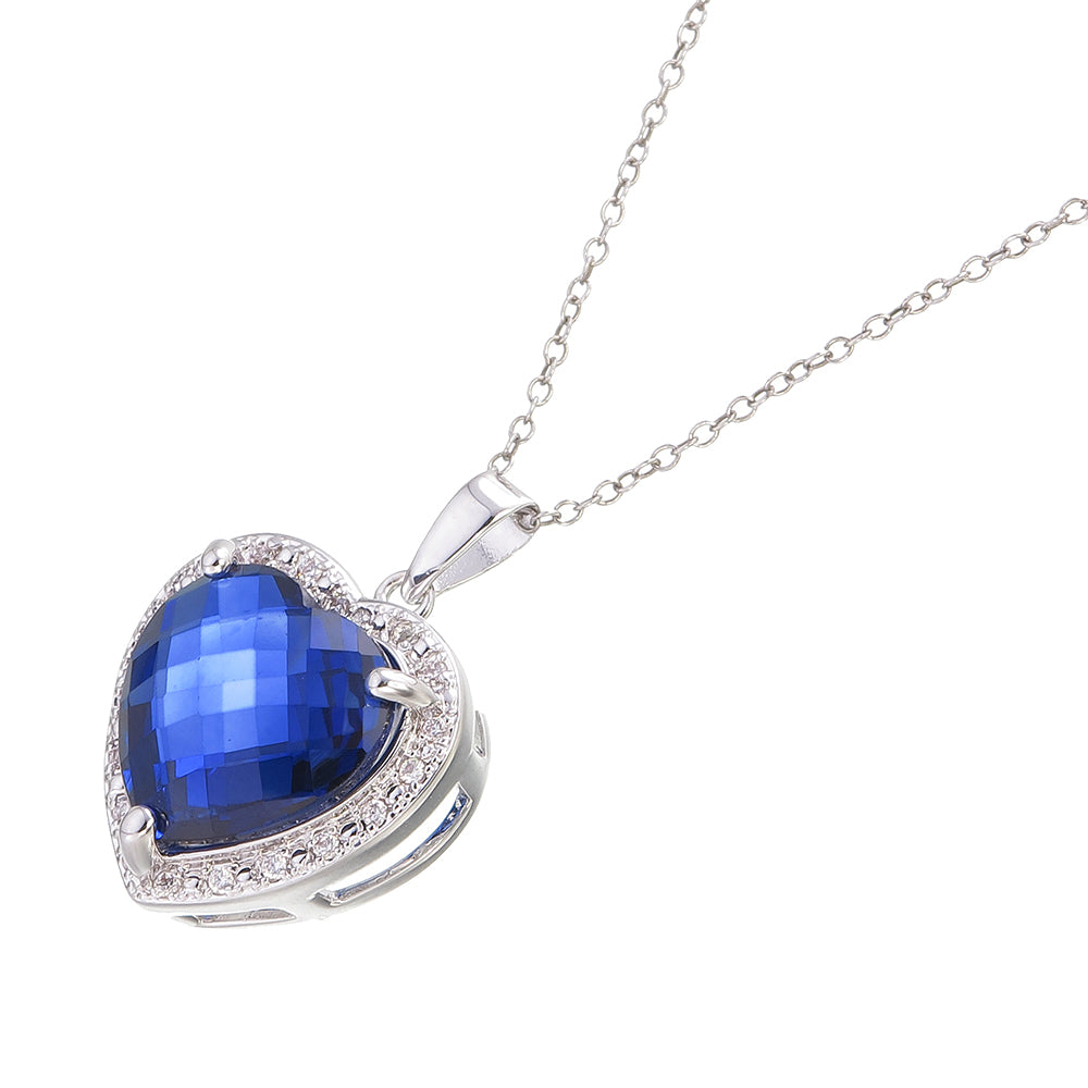 5.5 cttw Pendant Necklace, Created Sapphire Heart Shape Pendant Necklace for Women in Brass with Rhodium Plating, 18 Inch Chain, Prong Setting