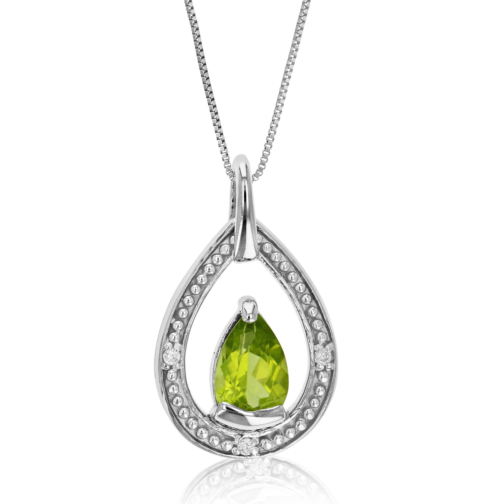 0.67 cttw Pendant Necklace, Peridot and Diamond Pear Shape Pendant Necklace for Women in .925 Sterling Silver with Rhodium, 18 Inch Chain, Prong Setting