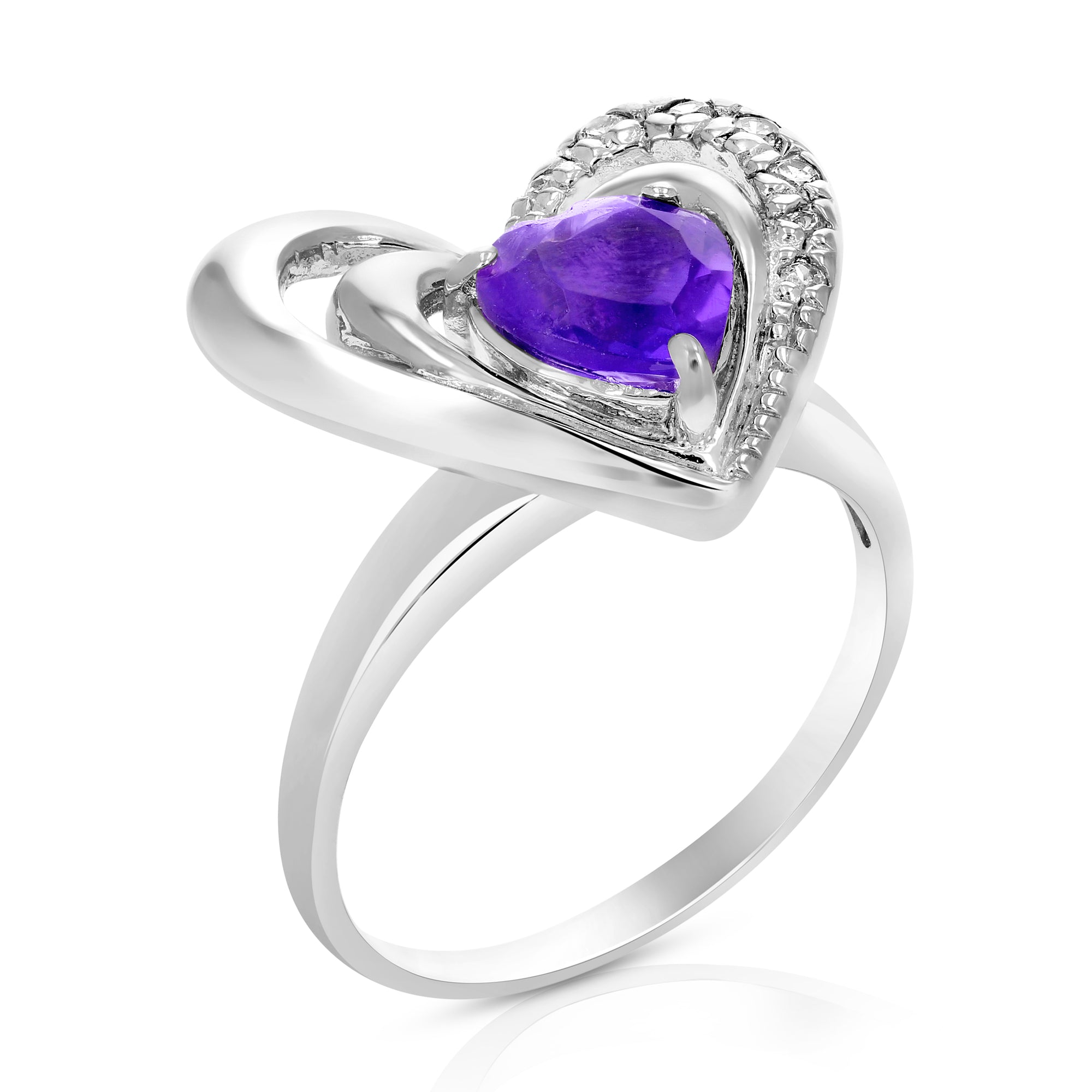 1 cttw Purple Amethyst Ring .925 Sterling Silver with Rhodium Heart Shape 7 MM