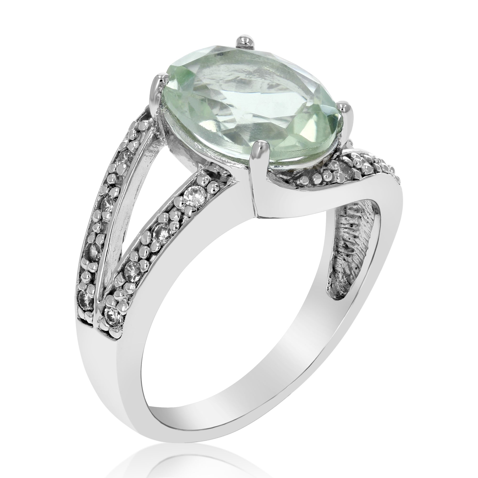 1.85 cttw Green Amethyst Ring .925 Sterling Silver with Rhodium Oval 10x8 MM