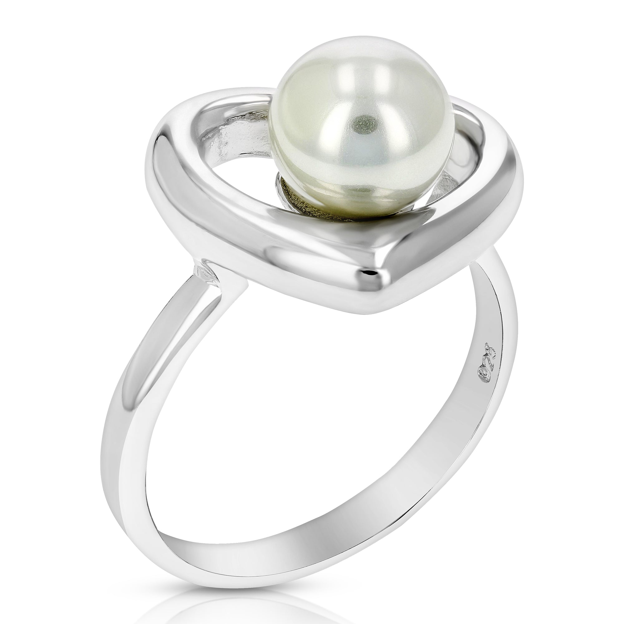 6 MM Heart Shape Glass Pearl Fashion Ring .925 Sterling Silver with Rhodium