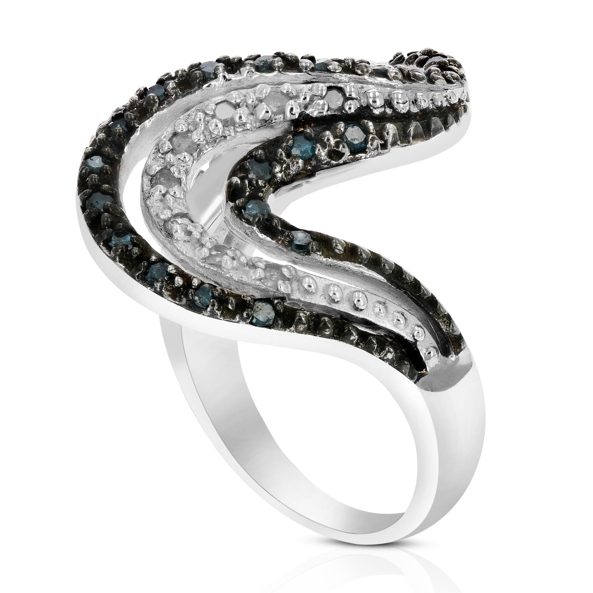 0.60 cttw Blue and White Diamond Wave Ring .925 Sterling Silver with Rhodium